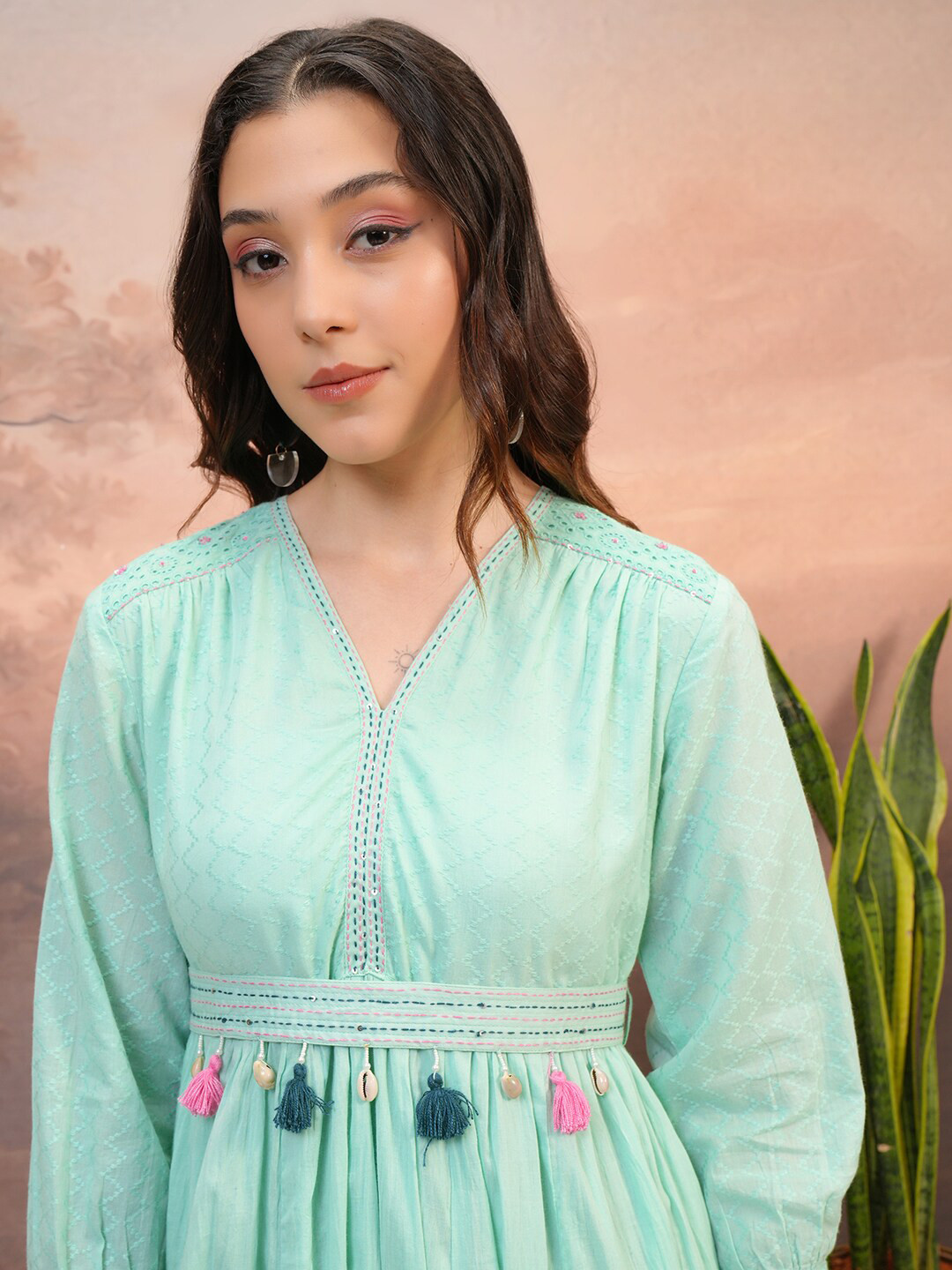 Vishudh Green Cotton Maxi Tiered Midi Dress With Puff Sleeves