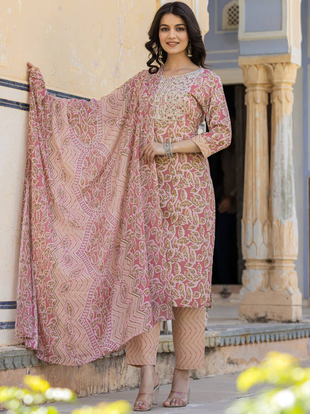Varanga Ethnic Motifs Printed Regular Thread Work Kurta with Palazzo & Dupatta