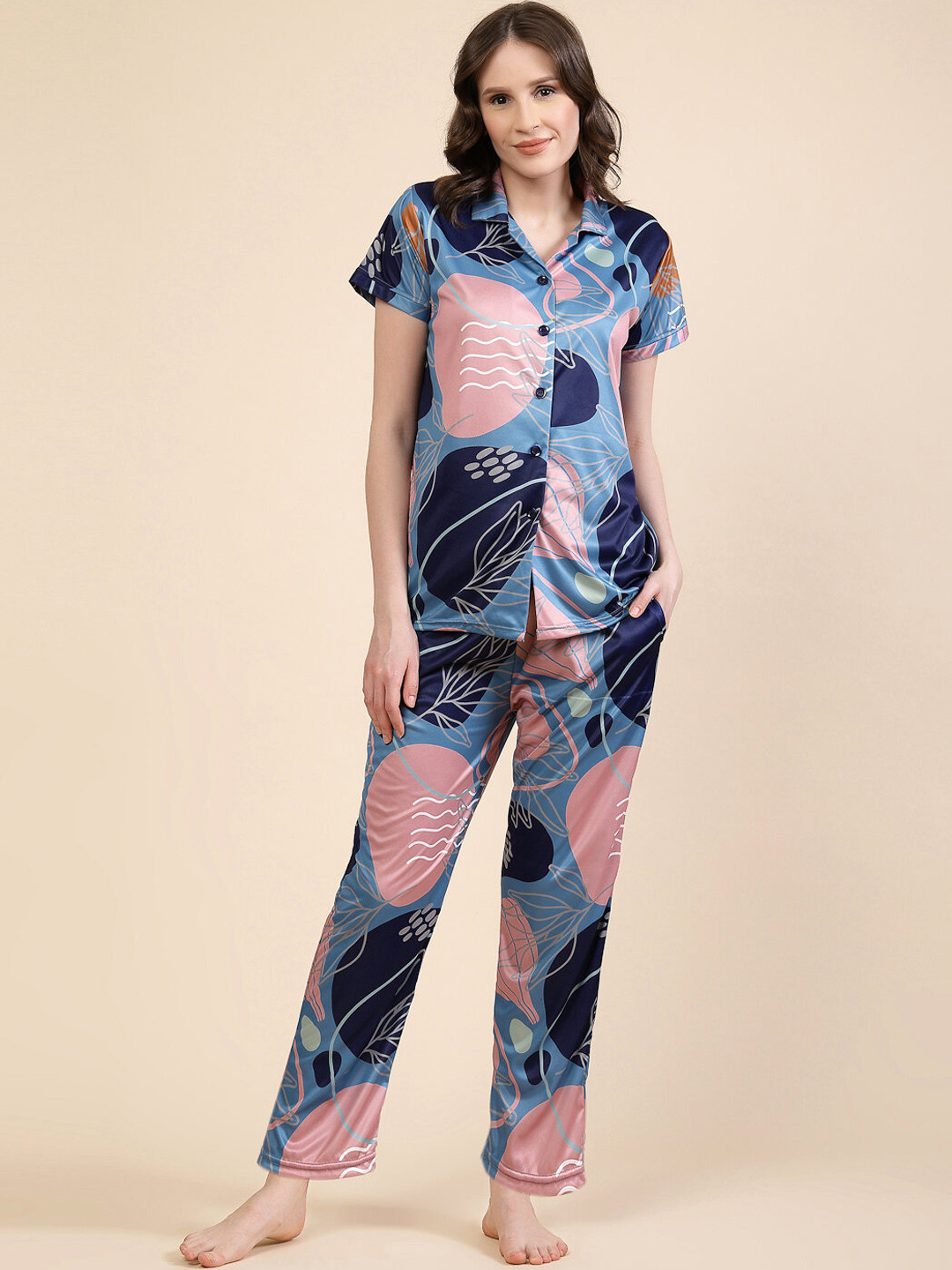 FABINALIV Women Abstract Graphic Printed Night Suit