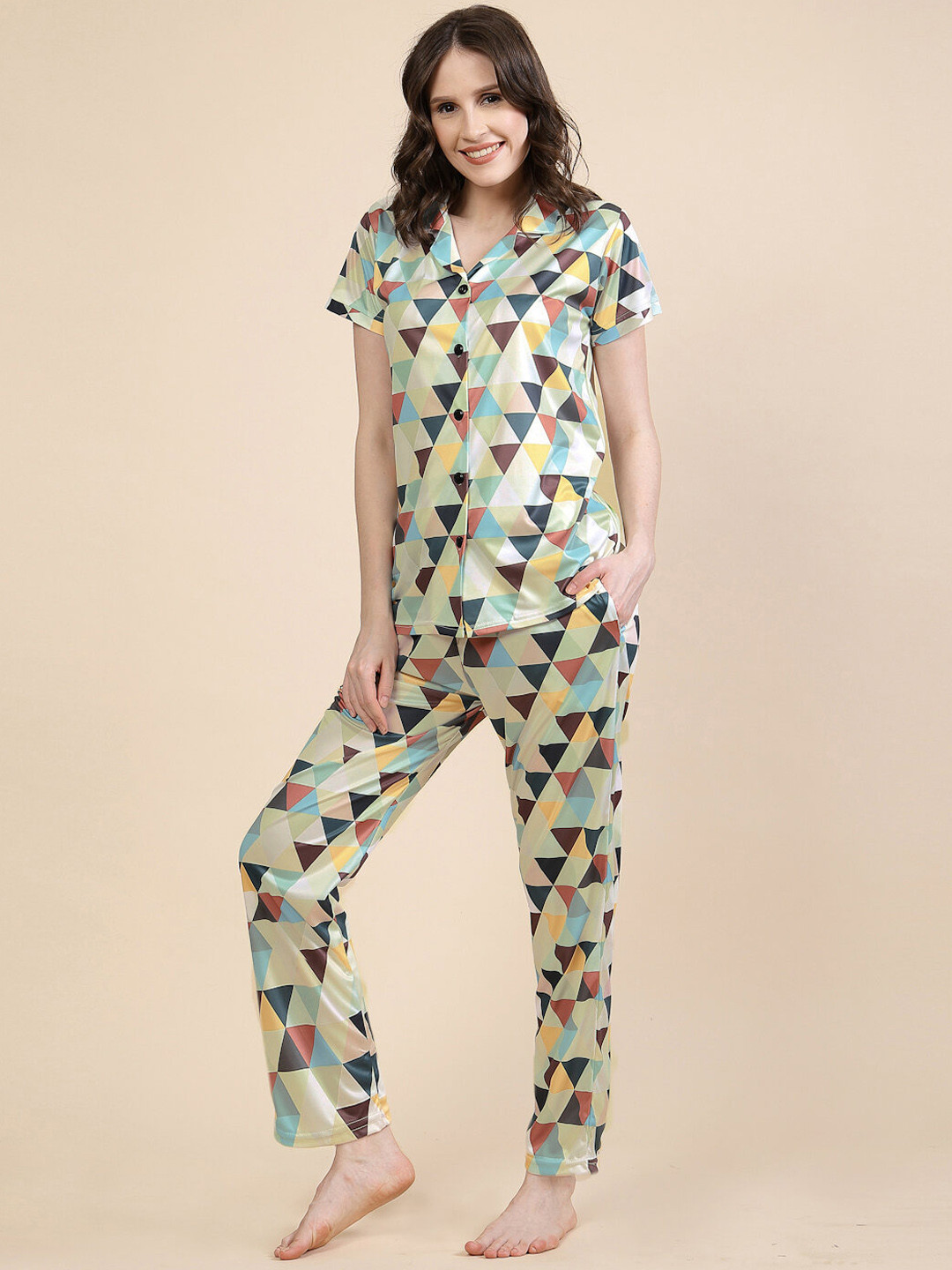 FABINALIV Geometric Graphic Printed Women Night Suit