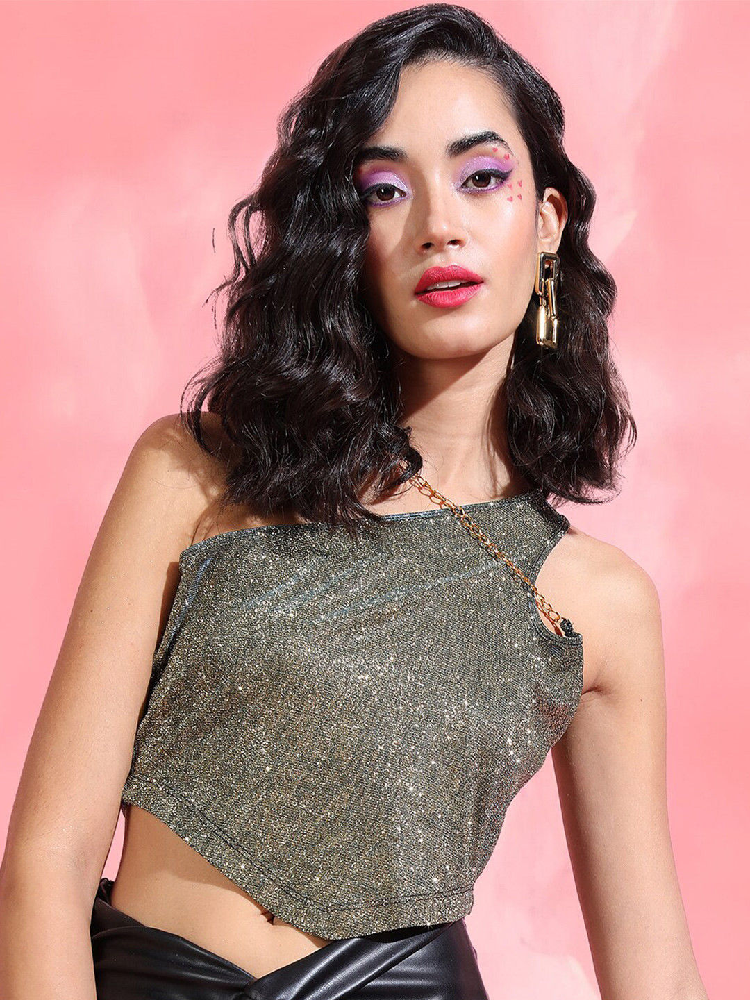 Tokyo Talkies Gold Toned One Shoulder Cut Out Crop Top