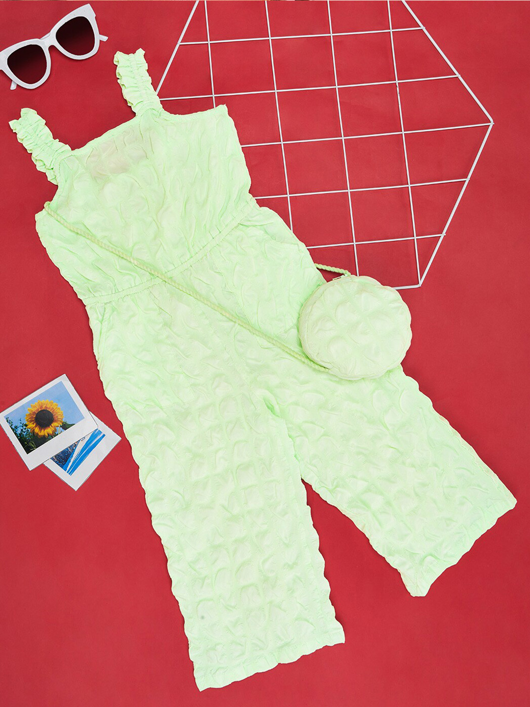 Pantaloons Junior Girls Self Design Square Neck Basic Jumpsuit With Hand Bag