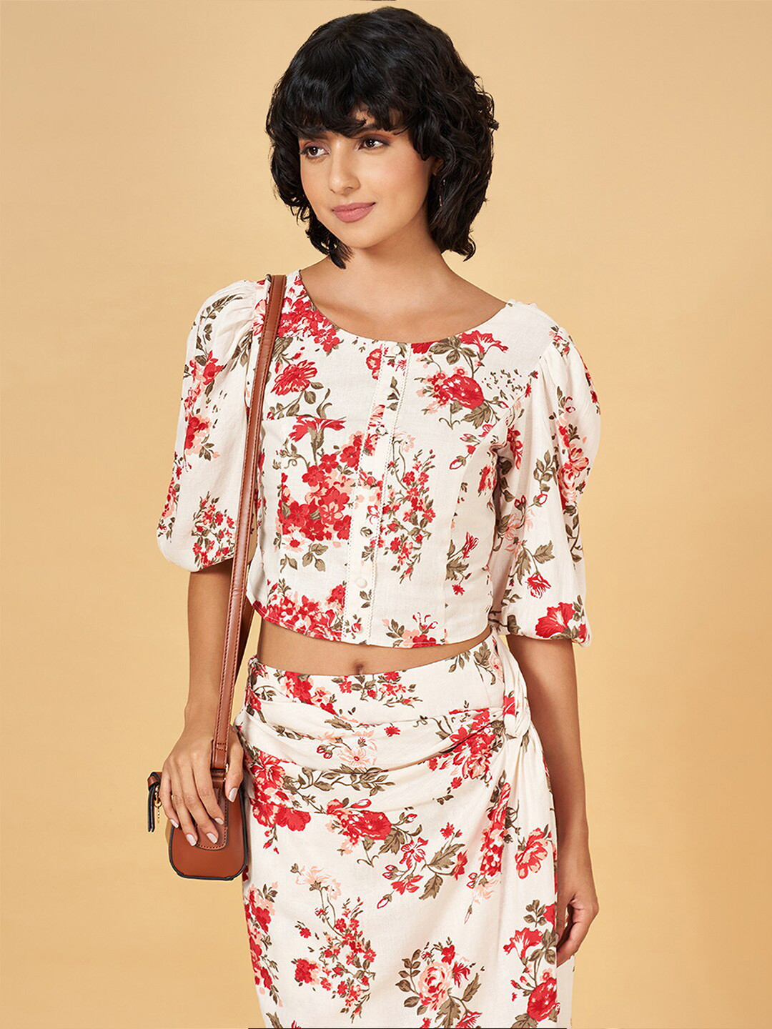 Honey by Pantaloons Floral Printed Puff Sleeves Smocking Crop Top