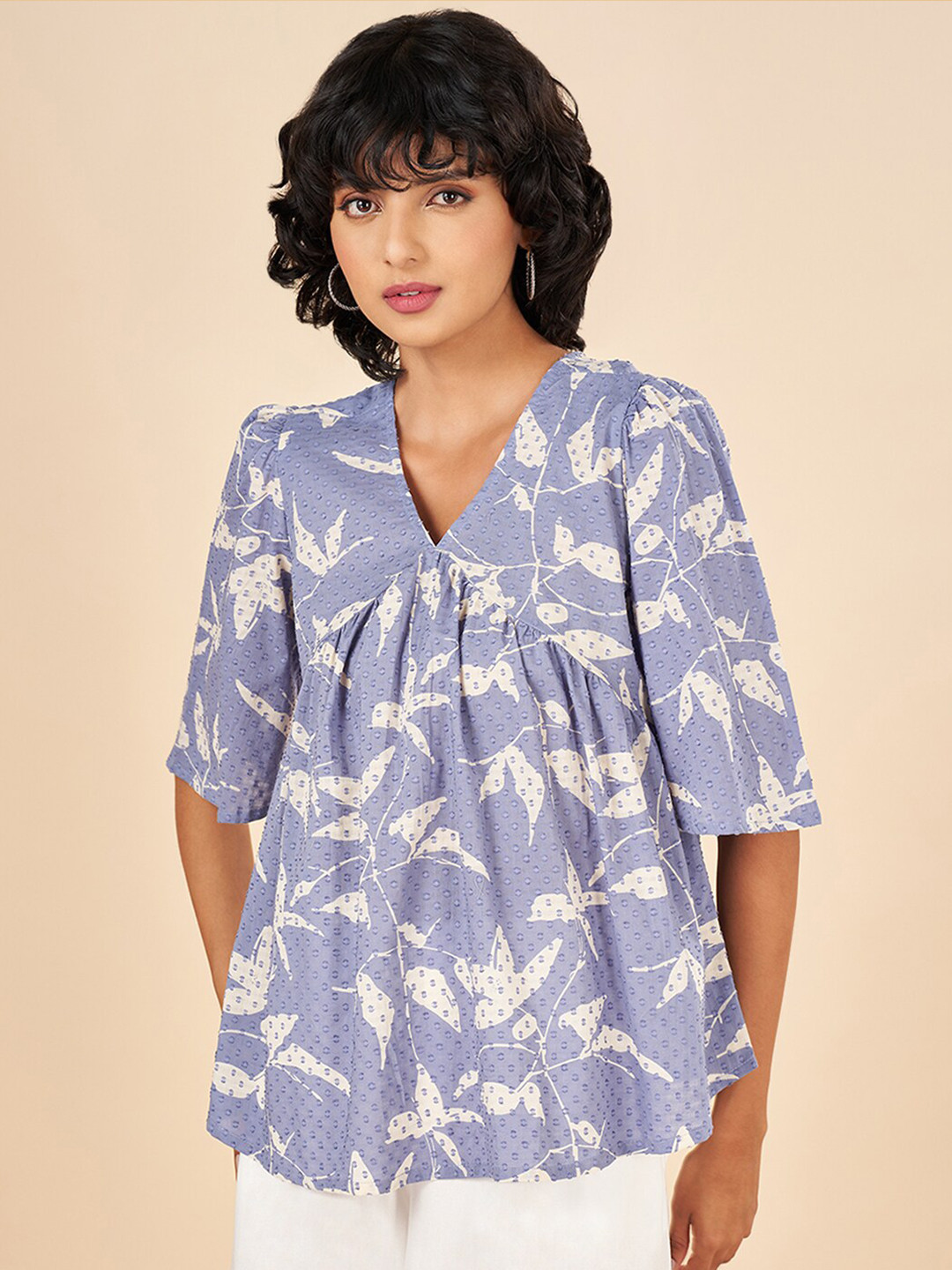 AKKRITI BY PANTALOONS Floral Printed Flared Sleeve Gathered Cotton Empire Top