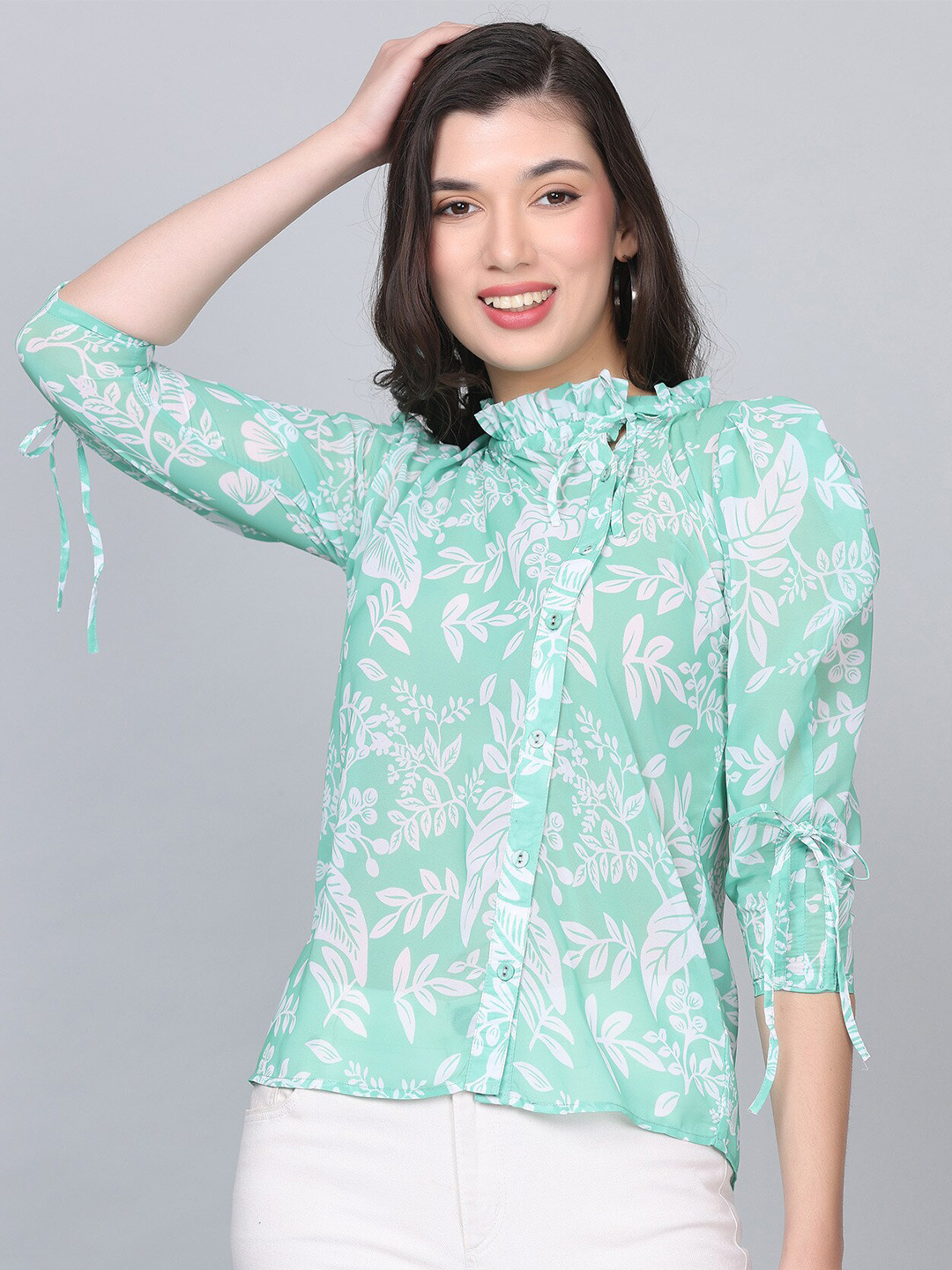 HAUTEQUE Floral Printed Mandarin Collar Shirt Style Top