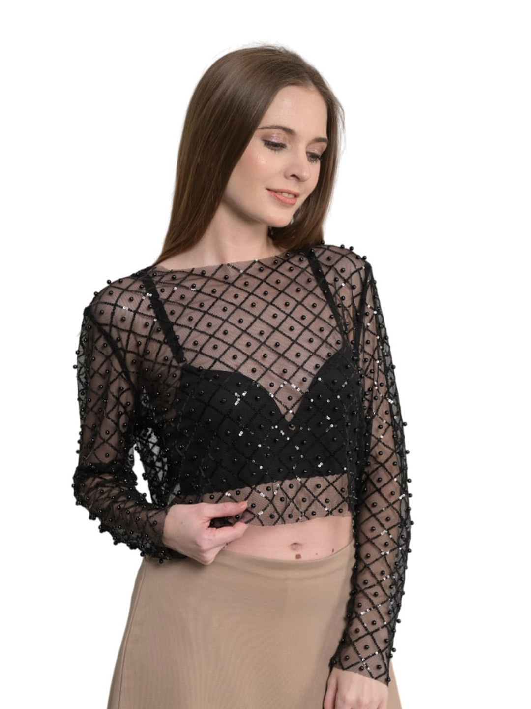 GPLT-A BEAUTIFUL SOUL Checked Embellished Sheer Party Top
