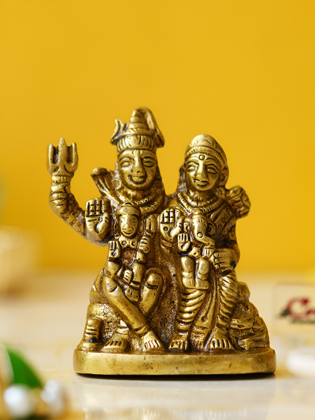 eCraftIndia Shiv Parivar Murti Gold Polyresin Natural Prayer Room Tiny Showpiece - 2.2 Inches