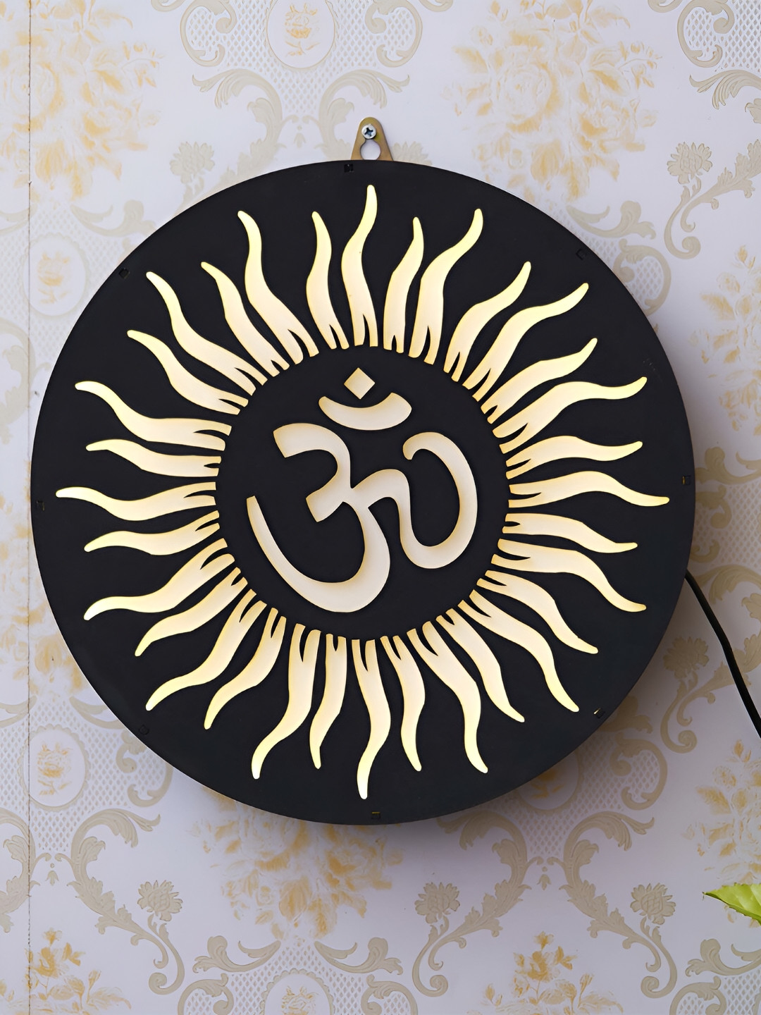 eCraftIndia Sun and Om Symbol Wood Ethnic Motifs Glossy Hall Spiritual Wall Decor-11.8In