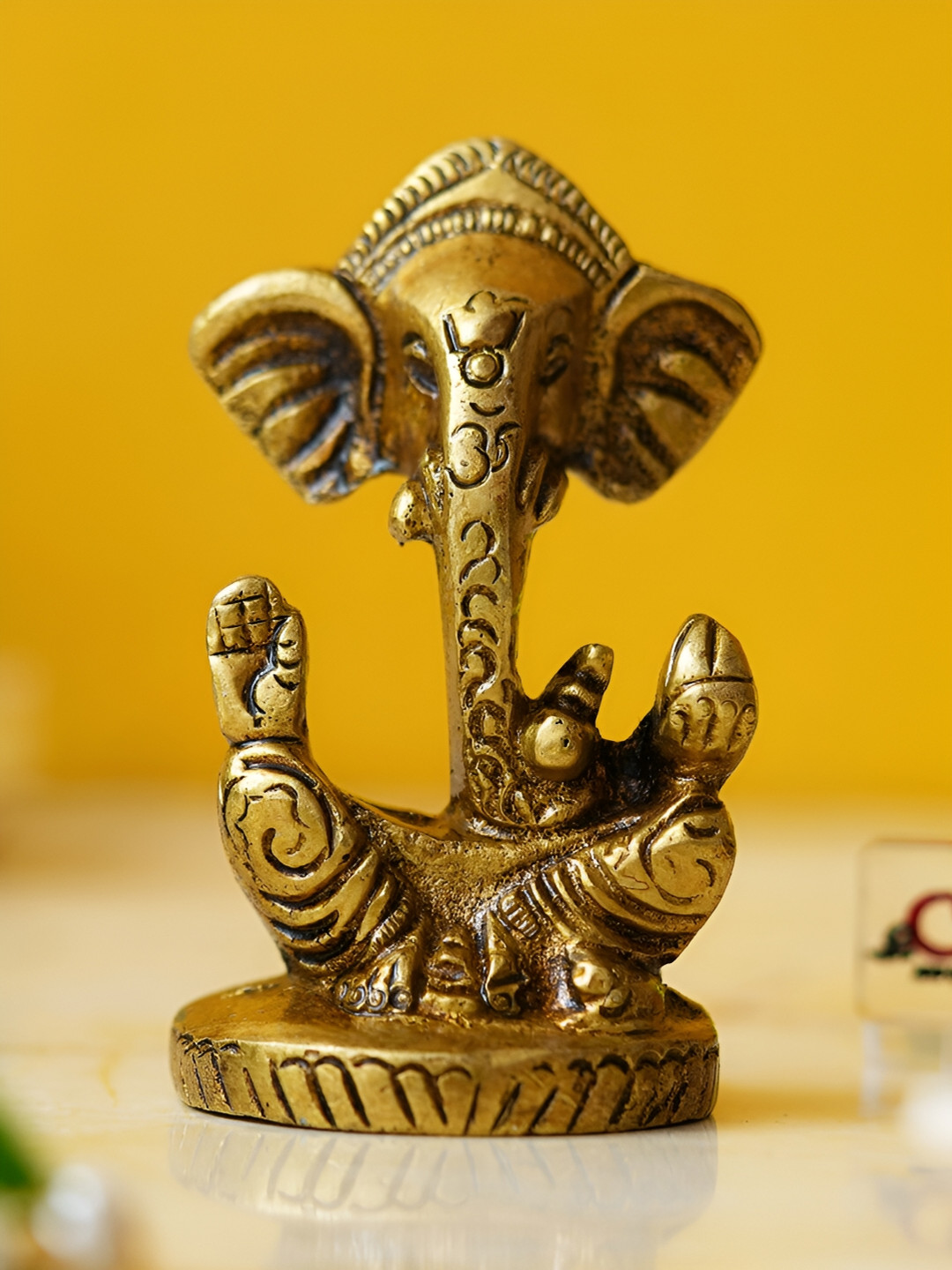 eCraftIndia Blessing Lord Ganesha Gold Brass Metallic Prayer Room Tiny Showpiece - 2.8 Inches