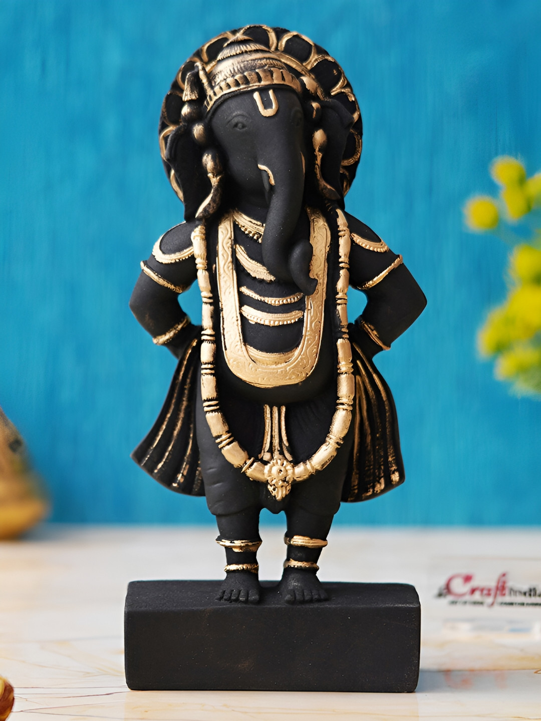 eCraftIndia Standing Lord Ganesha Black Polyresin Glossy Prayer Room Hand-Crafted Medium Showpiece - 4.1 Inches