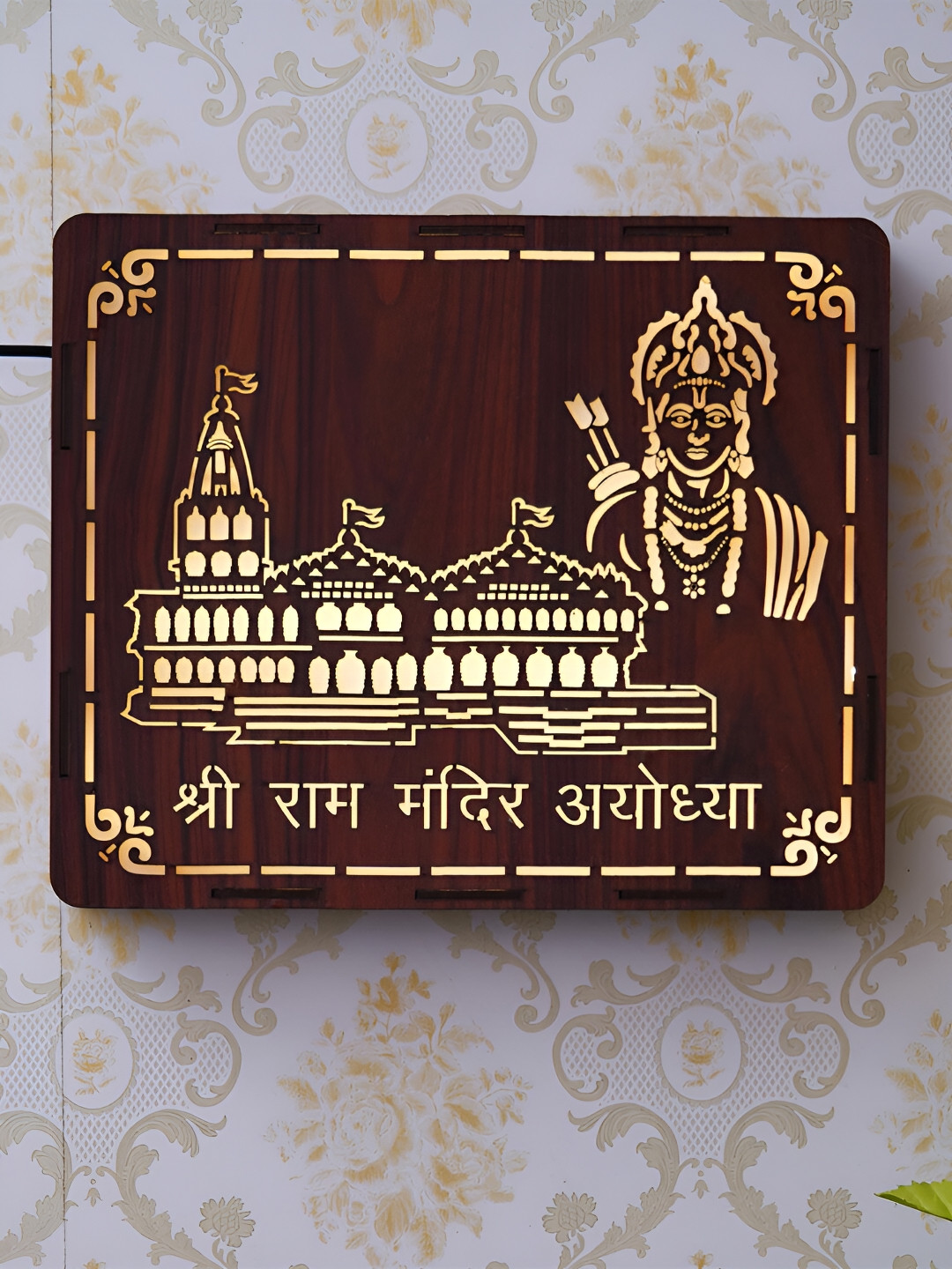 eCraftIndia Shri Ram Mandir Ayodhya Wood Ethnic Motifs Matte Spiritual Wall Decor-10In
