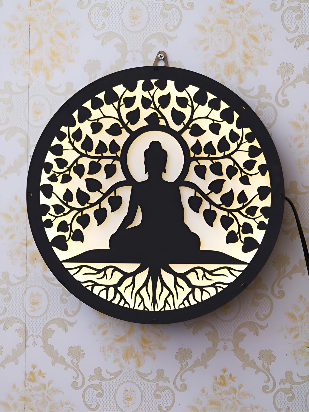 eCraftIndia Lord Buddha Sitting Under a Tree Wood Glossy Spiritual Wall Decor-11.8In