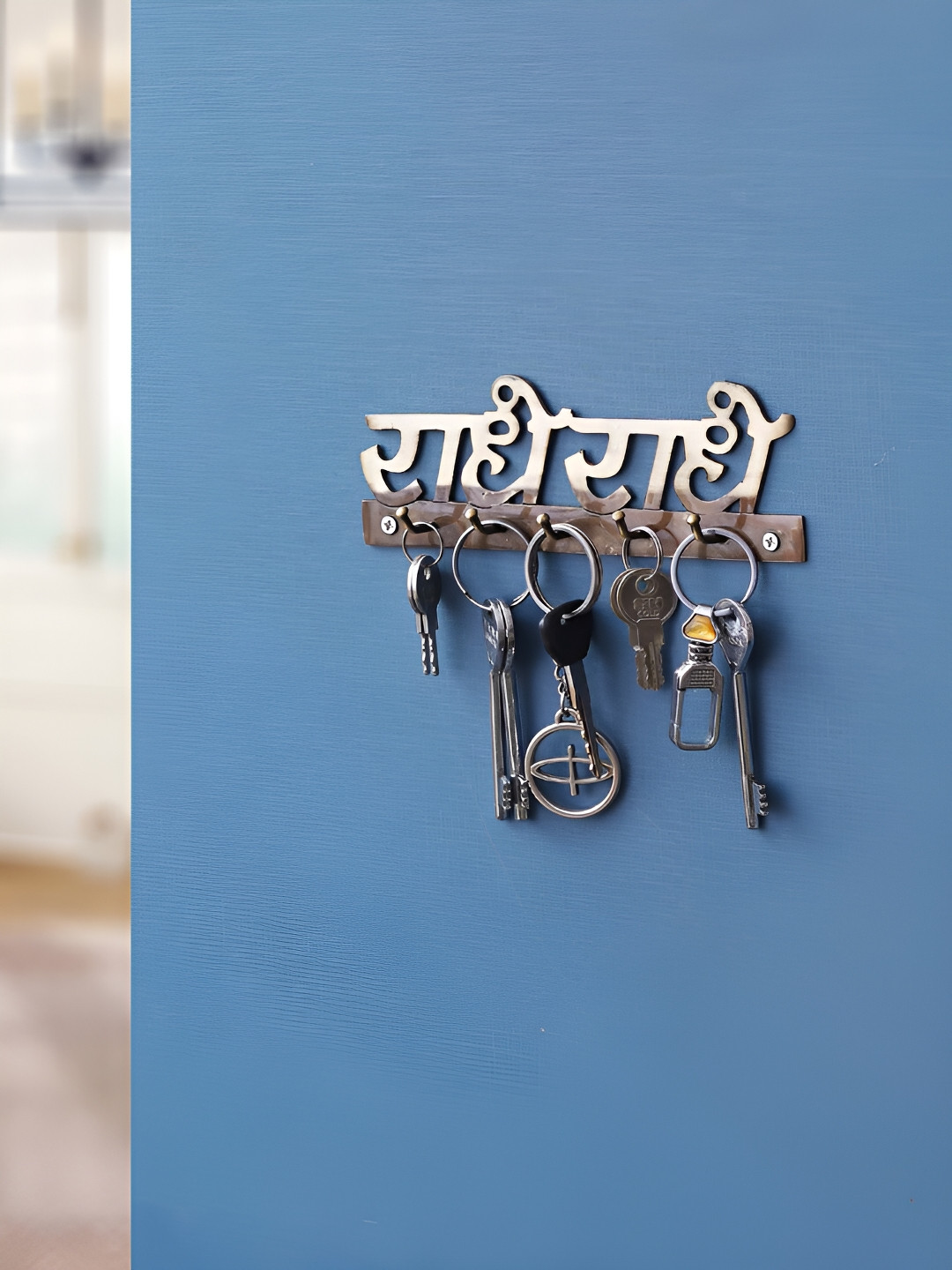 eCraftIndia Gold Toned Radhe Radhe Designer Brass Key Holder With 5 Hooks