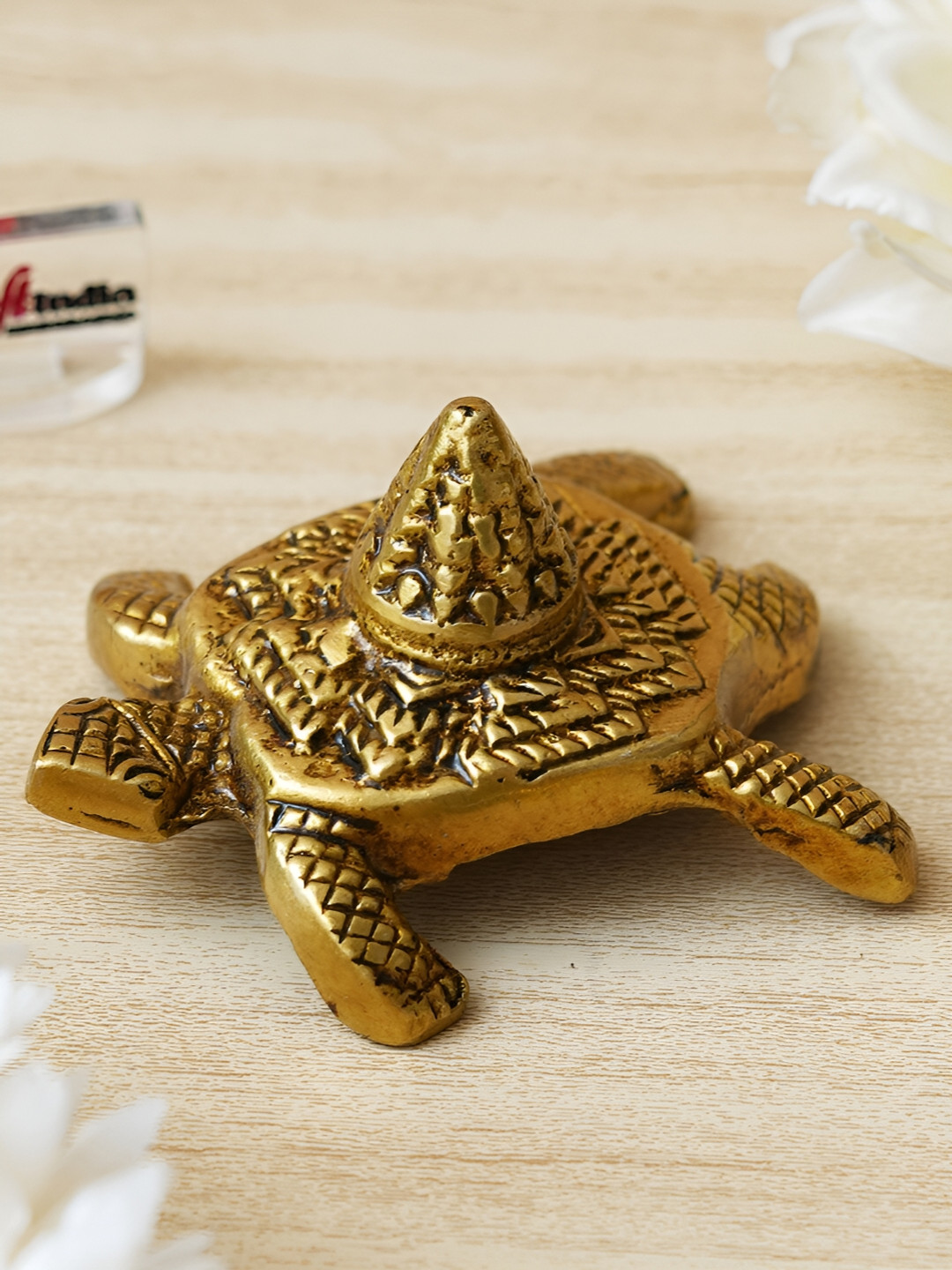 eCraftIndia Meru Shree Yantra on Tortoise Gold Brass Metallic Prayer Room Tiny Showpiece - 1.6 Inches