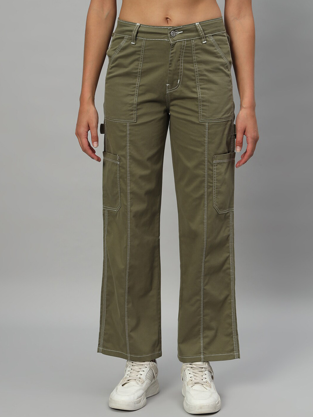 Chemistry Women Relaxed Loose Fit High-Rise Zip Flat-Front Easy Wash Cargos Trouser