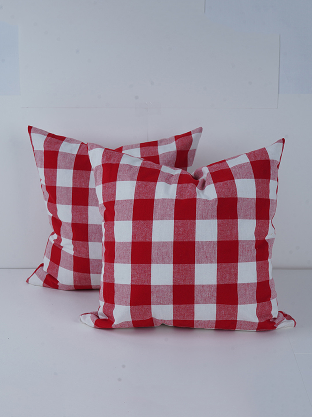 SKANDA FAB Red & White 2Pcs Checked Cotton Sofa Cushions