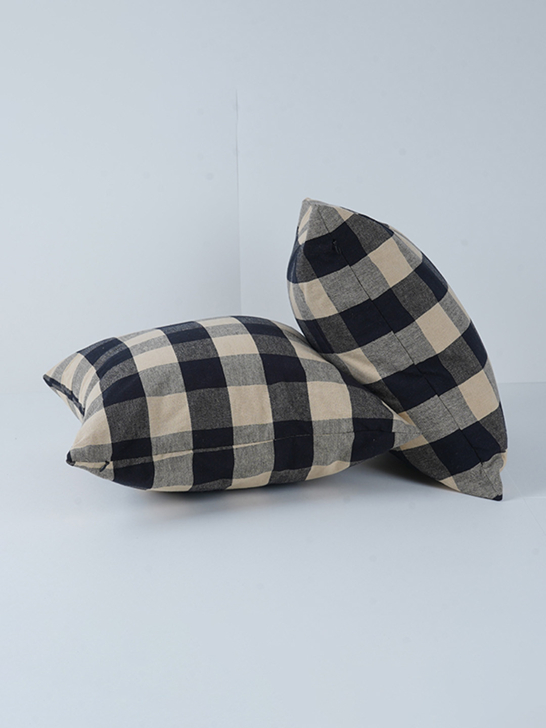 SKANDA FAB Black & Yellow 2 Pieces Checked Cotton Sofa Cushions