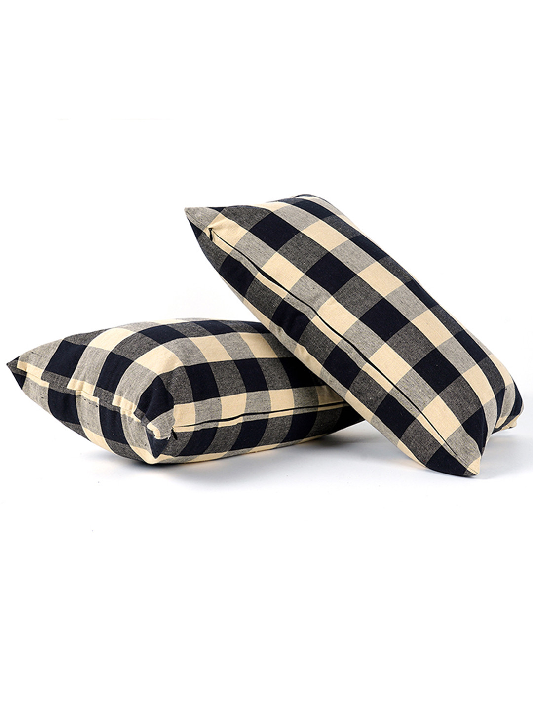 SKANDA FAB Black & Yellow Checked 2 Pieces Cotton Sofa Cushions