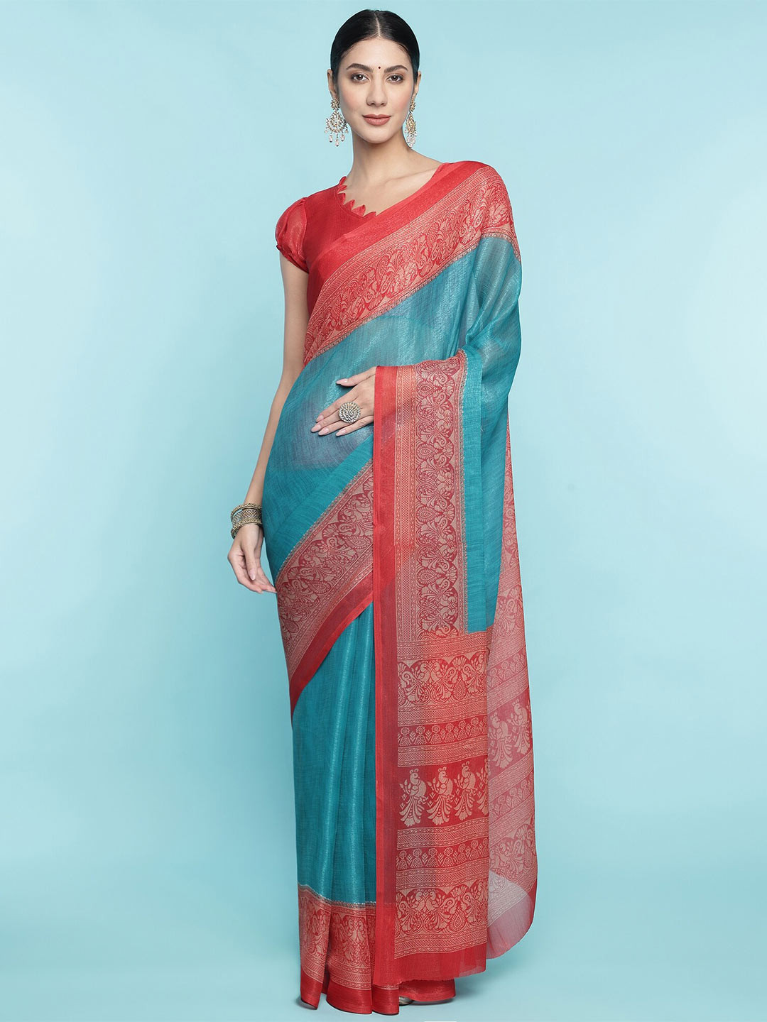 Mitera Teal Blue Zari Pure Cotton Saree