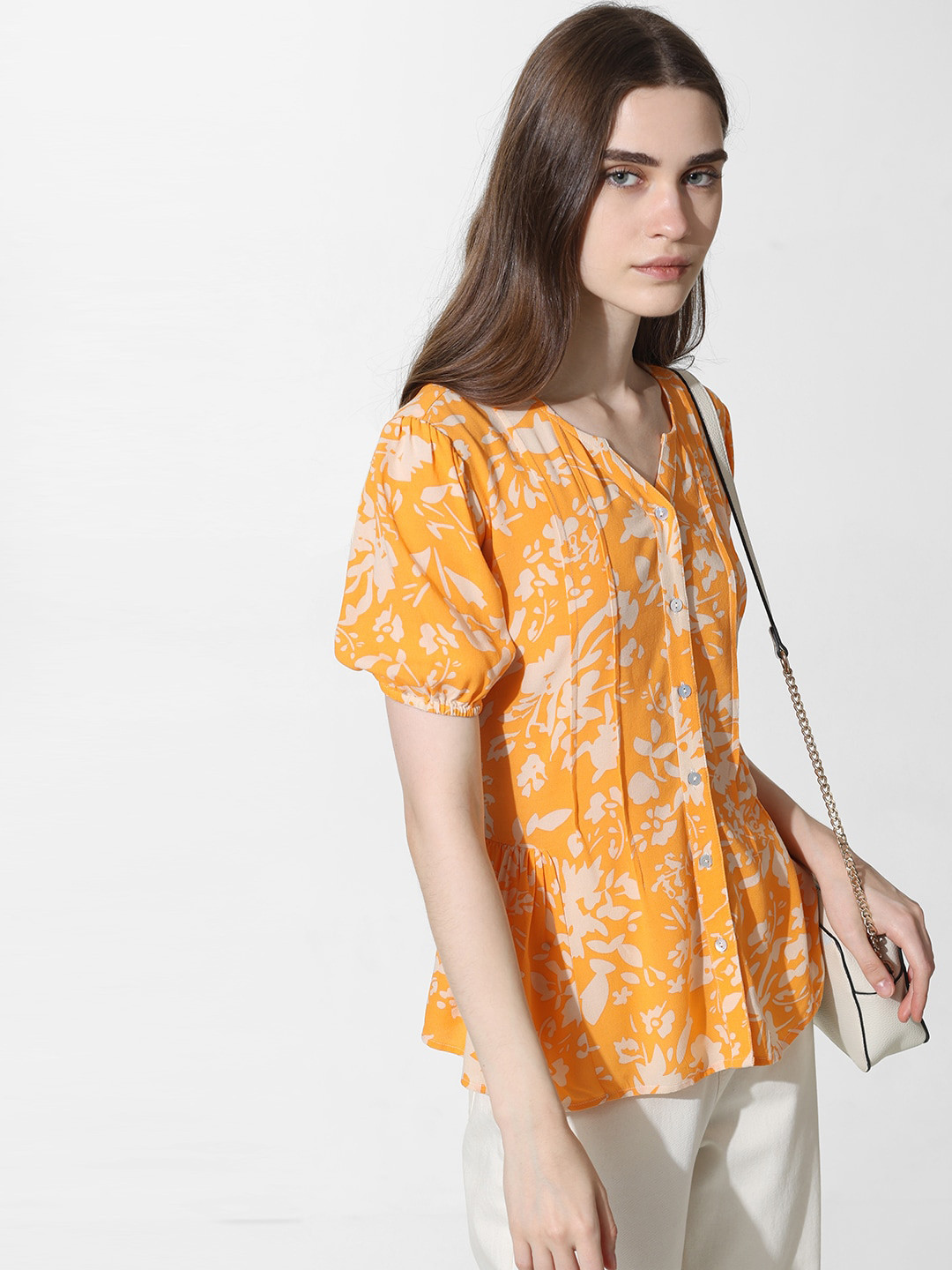 ONLY Onlquinn Orange Ss Floral Printed V-Neck A-Line Top