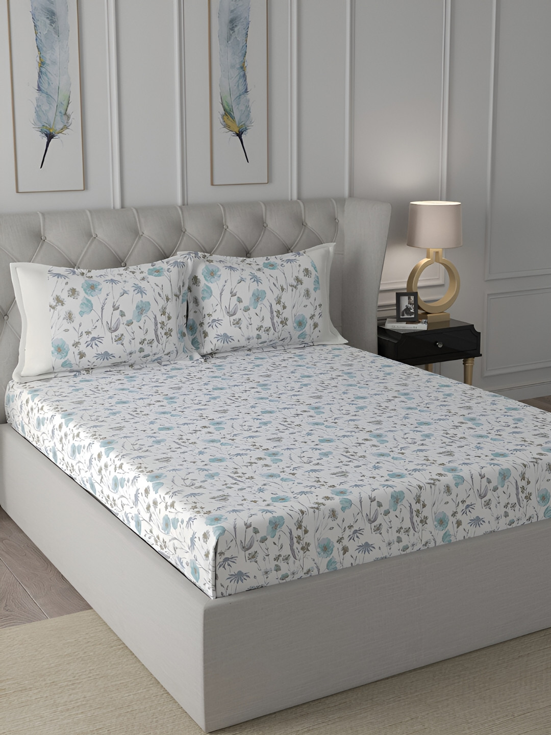 MASPAR Hermosa Regency Jamila White Floral Cotton 144 TC Double Bedsheet with a Pillow Cover-88 x 60 inches