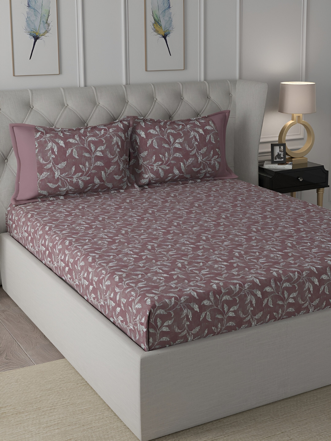 MASPAR Rust & Grey Floral Printed 200TC Cotton King Bedsheet With Pillow Cover
