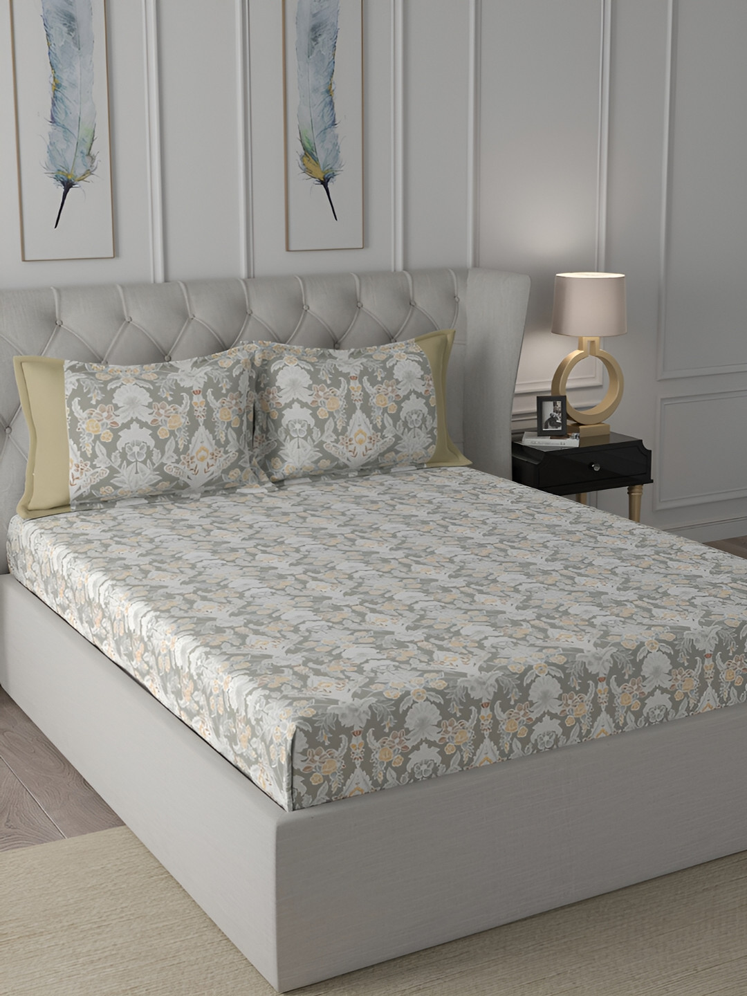 MASPAR Hermosa Regency Dark Flora Neutral Beige Floral Cotton Breathable 144 TC Double Bedsheet with a Pillow Cover-60 x 88 inches