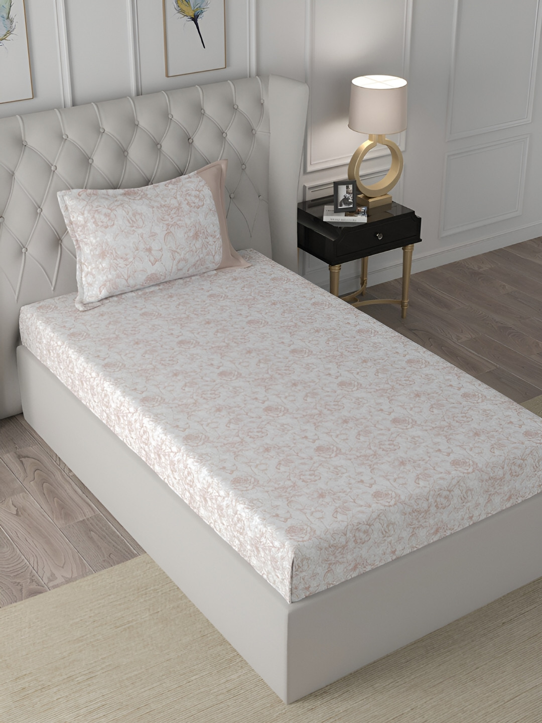 MASPAR Exotic Bouquet White Floral Cotton 200 TC Single Fine Bedsheet with a Pillow Cover-88 x 60 inches