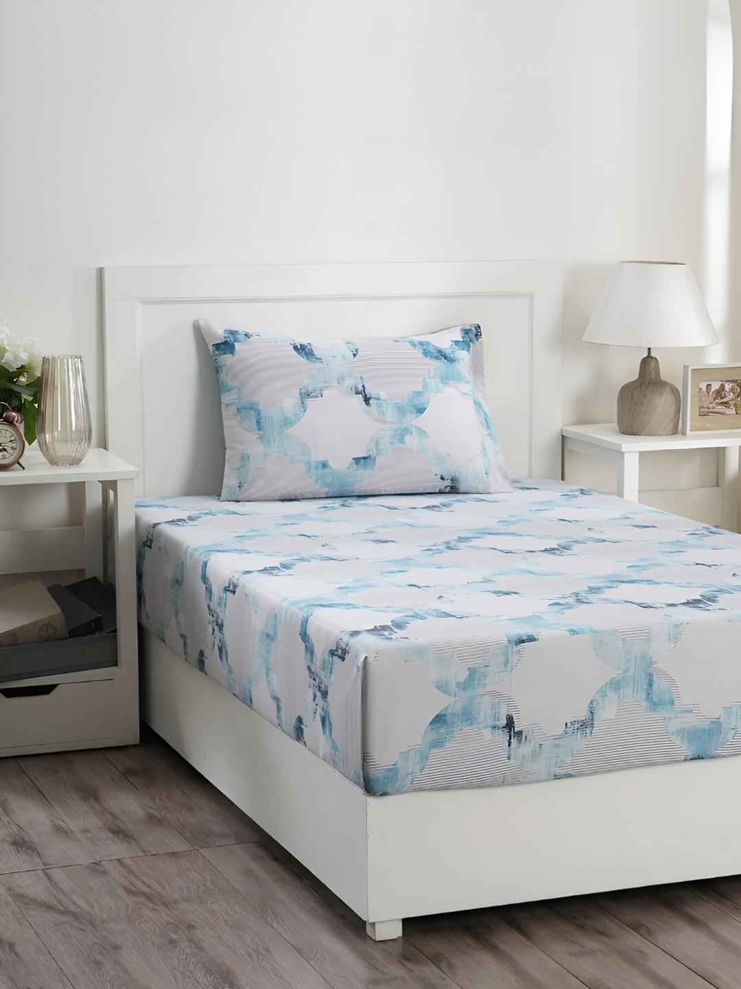 MASPAR Enchanted Harmony White Abstract Cotton 300 TC Single Fine Bedsheet with a Pillow Cover-88 x 60 inches