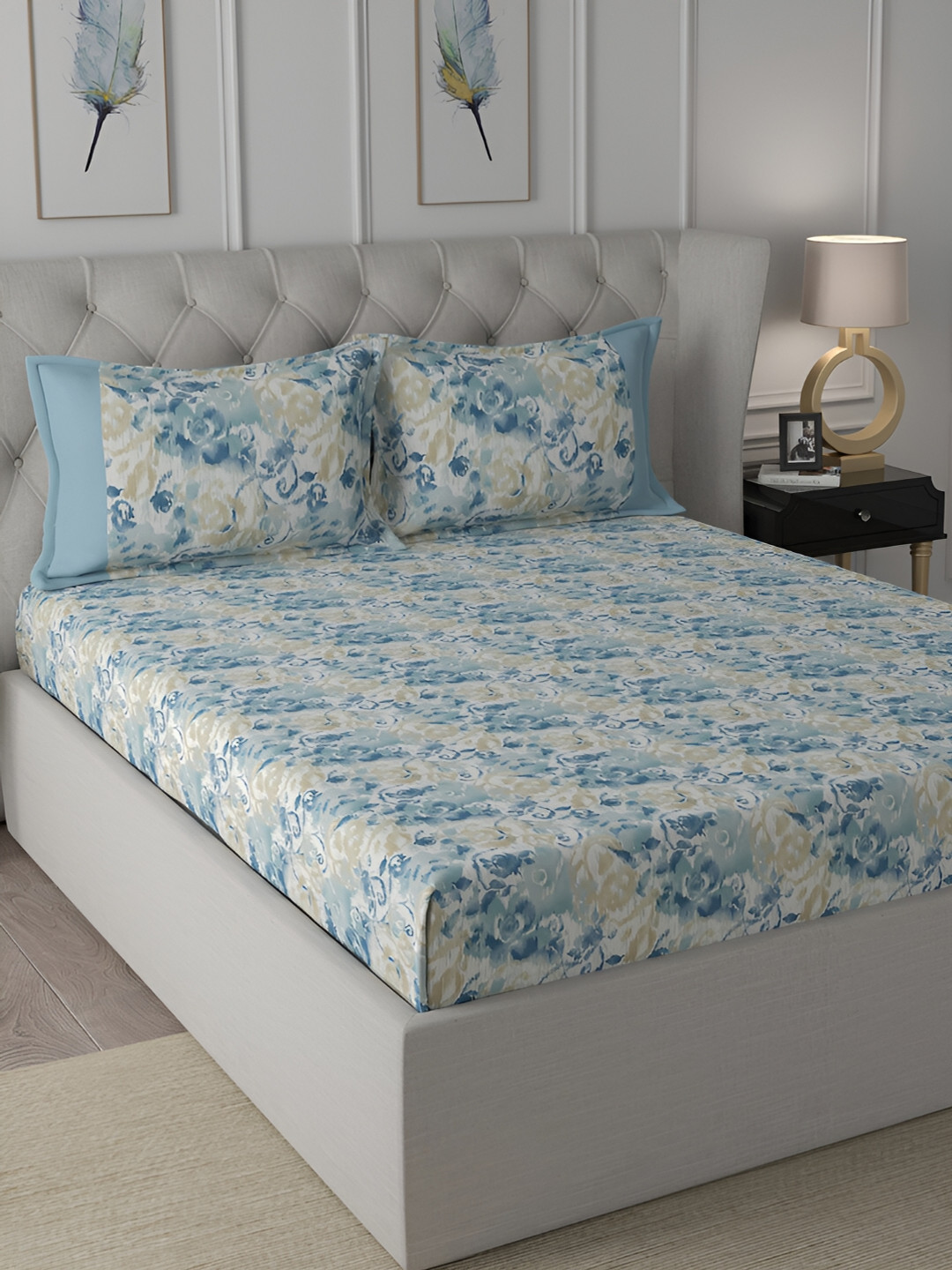 MASPAR Hermosa Backyard Patio Meridian Blue Floral Cotton 200 TC King Bedsheet with 2 Pillow Covers-108 x 108 inches