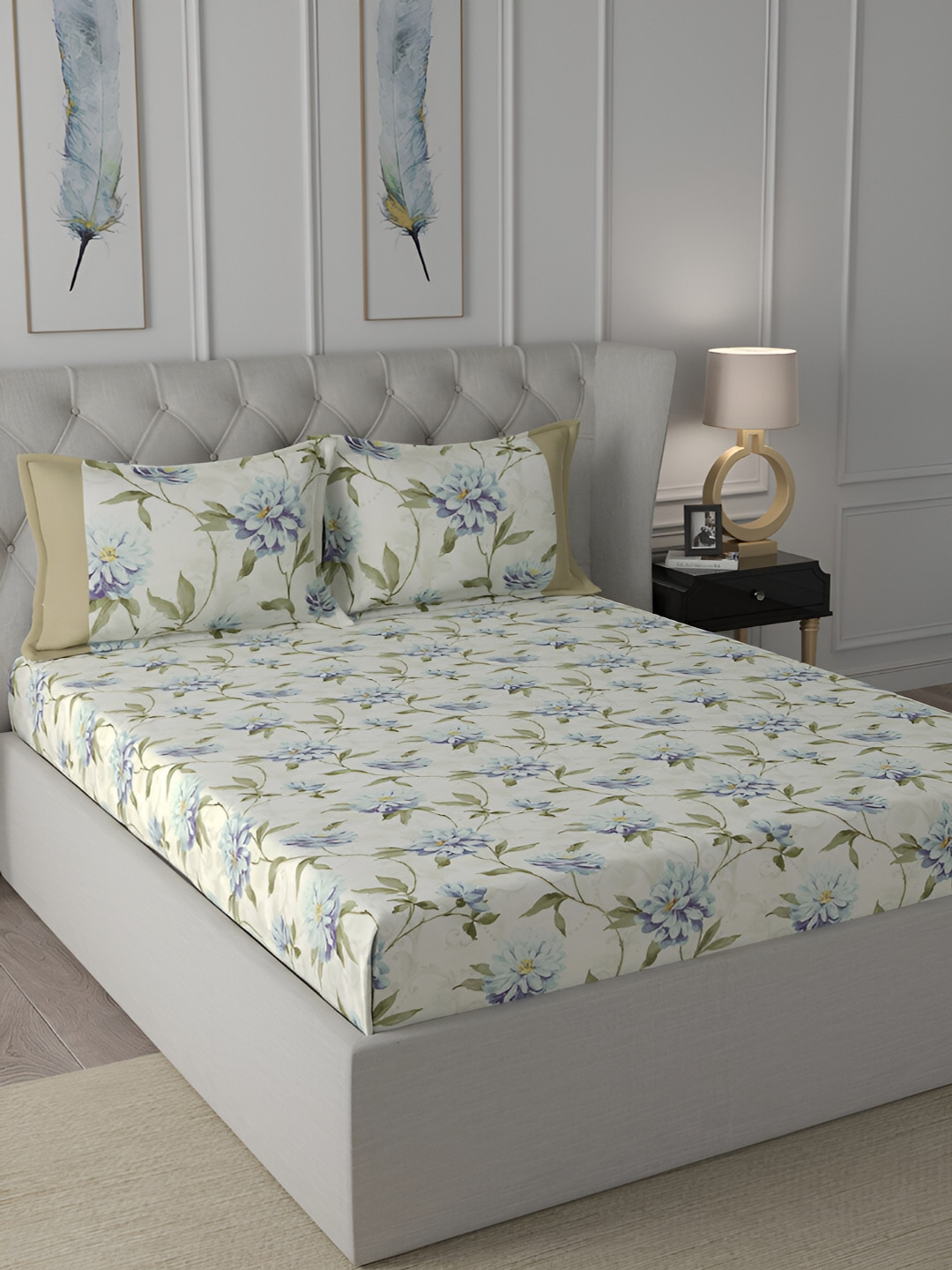MASPAR Regency Blue Floral Cotton 144 TC Double Bedsheet with a Pillow Cover-60 x 88 inches