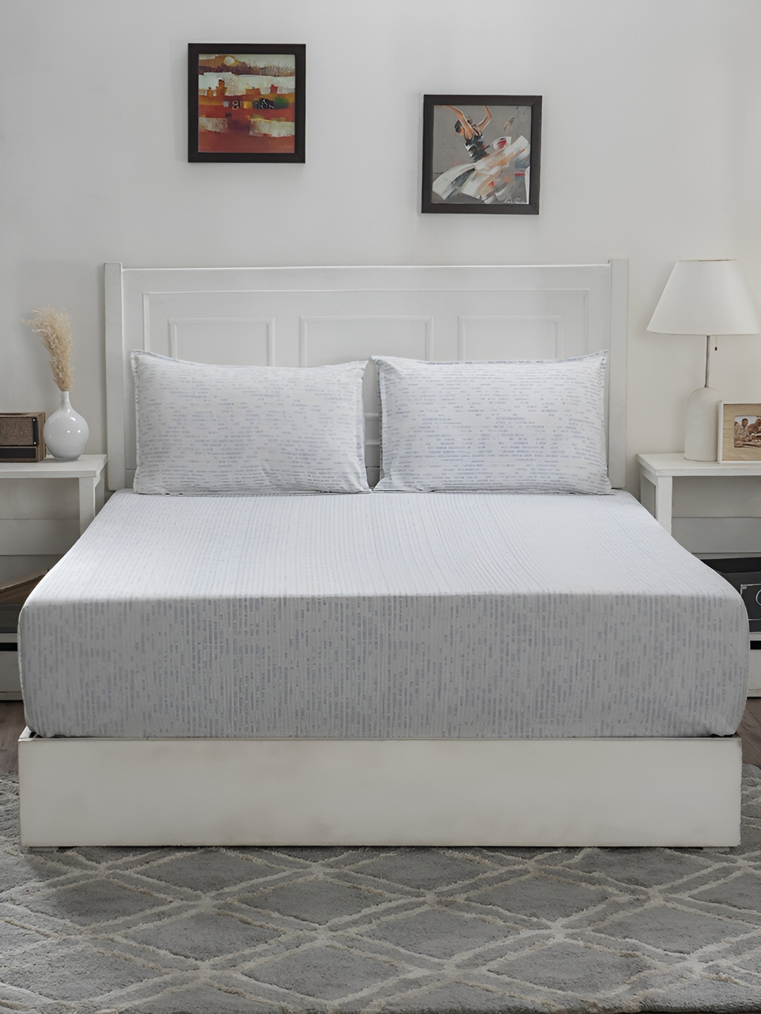 MASPAR Hermosa Optimist Bloom Canopus White Abstract Cotton 144 TC Queen Bedsheet with 2 Pillow Covers-108 x 88 inches