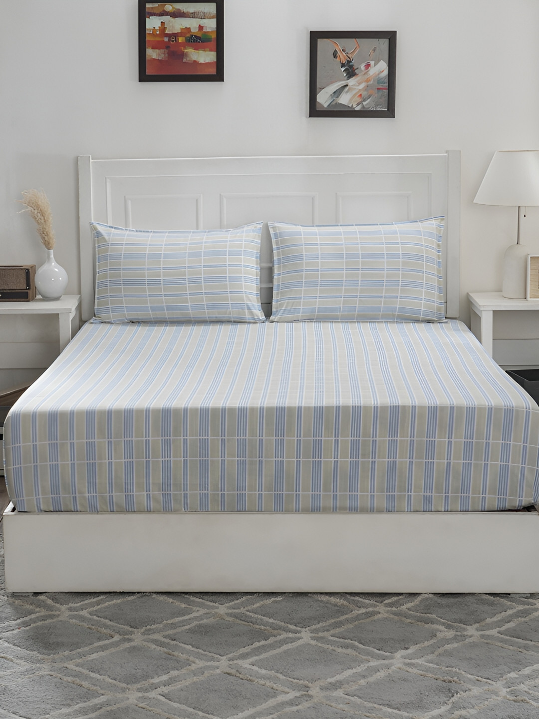 MASPAR Optimist Bloom Blue Abstract Cotton 144 TC Queen Bedsheet with 2 Pillow Covers-275 x 224 cm