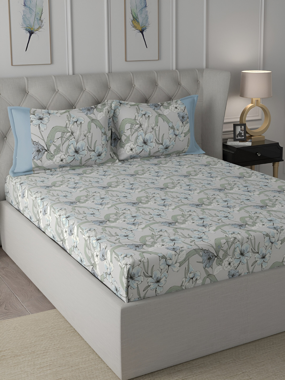 MASPAR Backyard Patio Grey Printed 200 TC Cotton Double King Bedsheet & 2 Pillow Covers