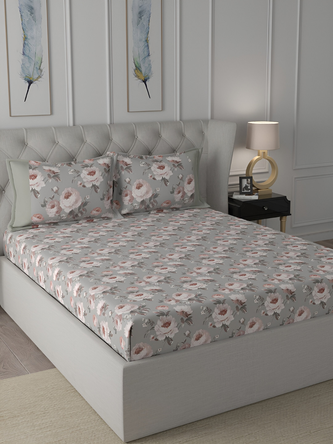 MASPAR Regency Grey Printed 144 TC Cotton Double Queen Bedsheet & 2 Pillow Covers