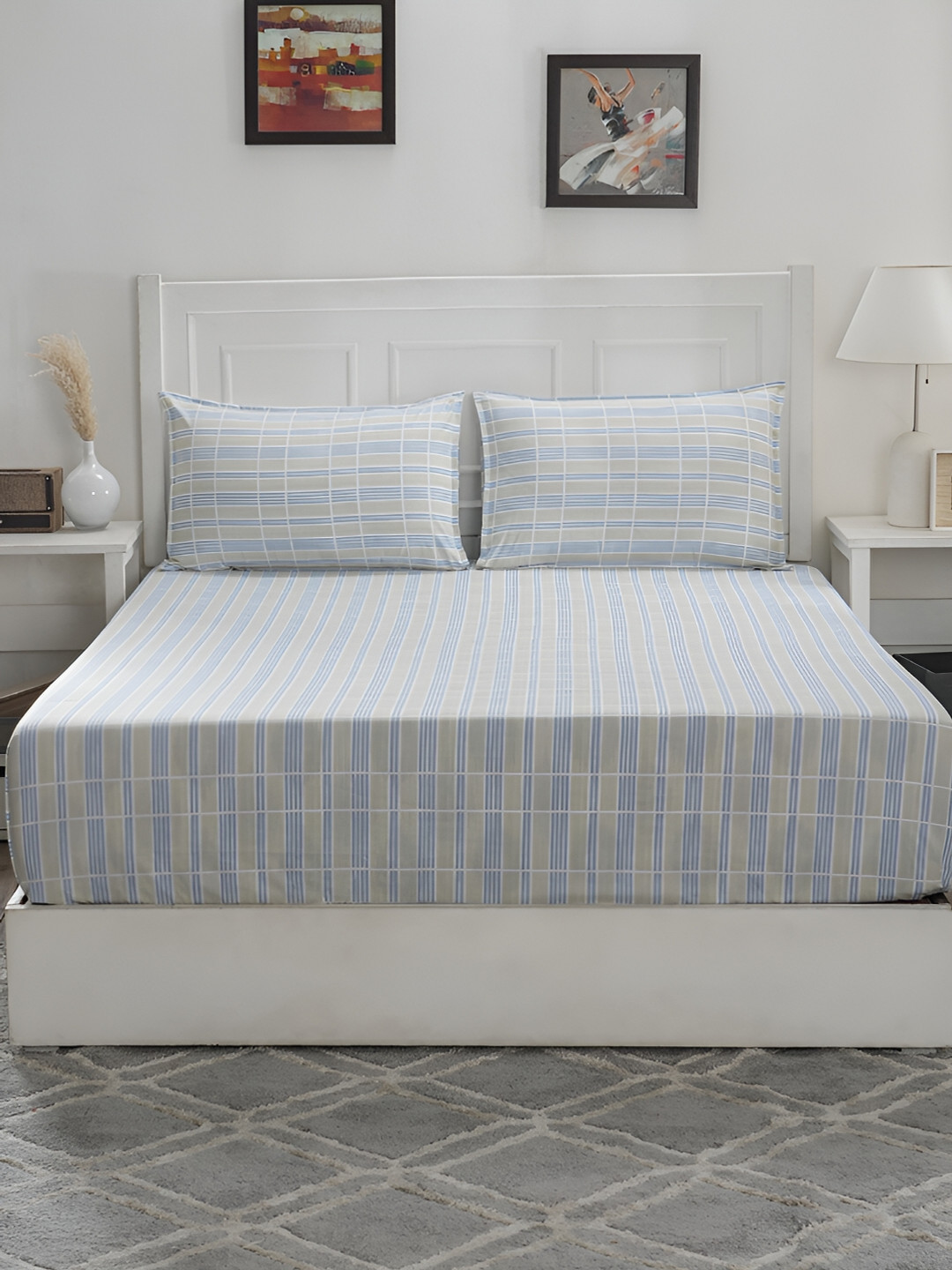 MASPAR Optimist Bloom Blue Geometric Cotton 144 TC King Bedsheet with 2 Pillow Covers-108 x 108 inches