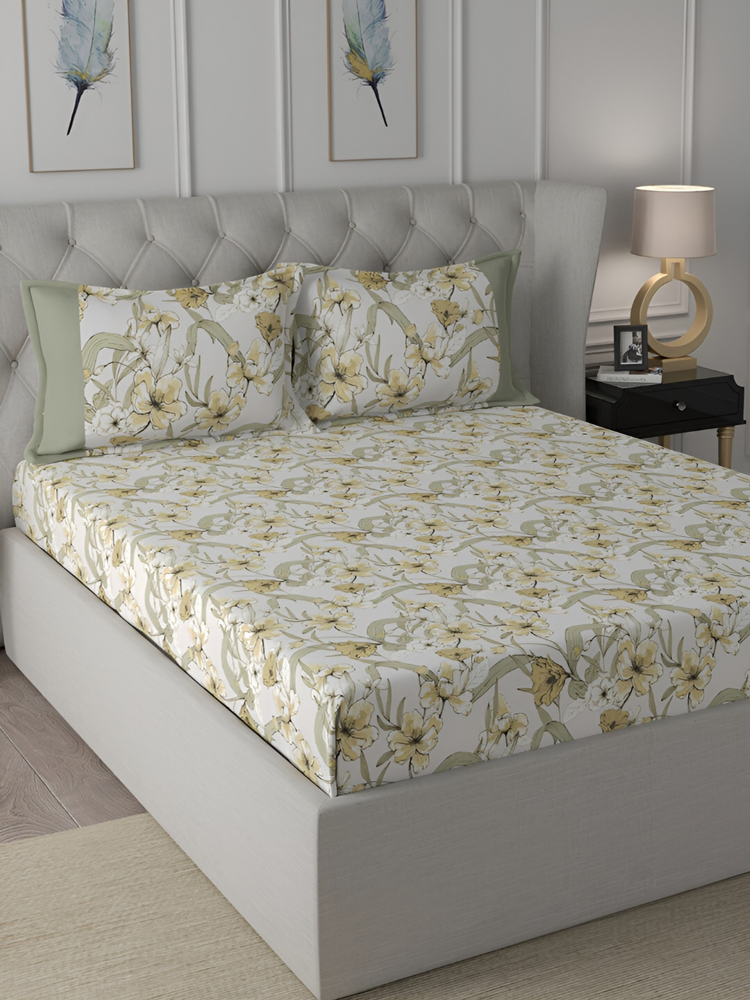 MASPAR Backyard Patio Yellow Floral Printed 200TC Cotton King Bedsheet & 2 Pillow Covers