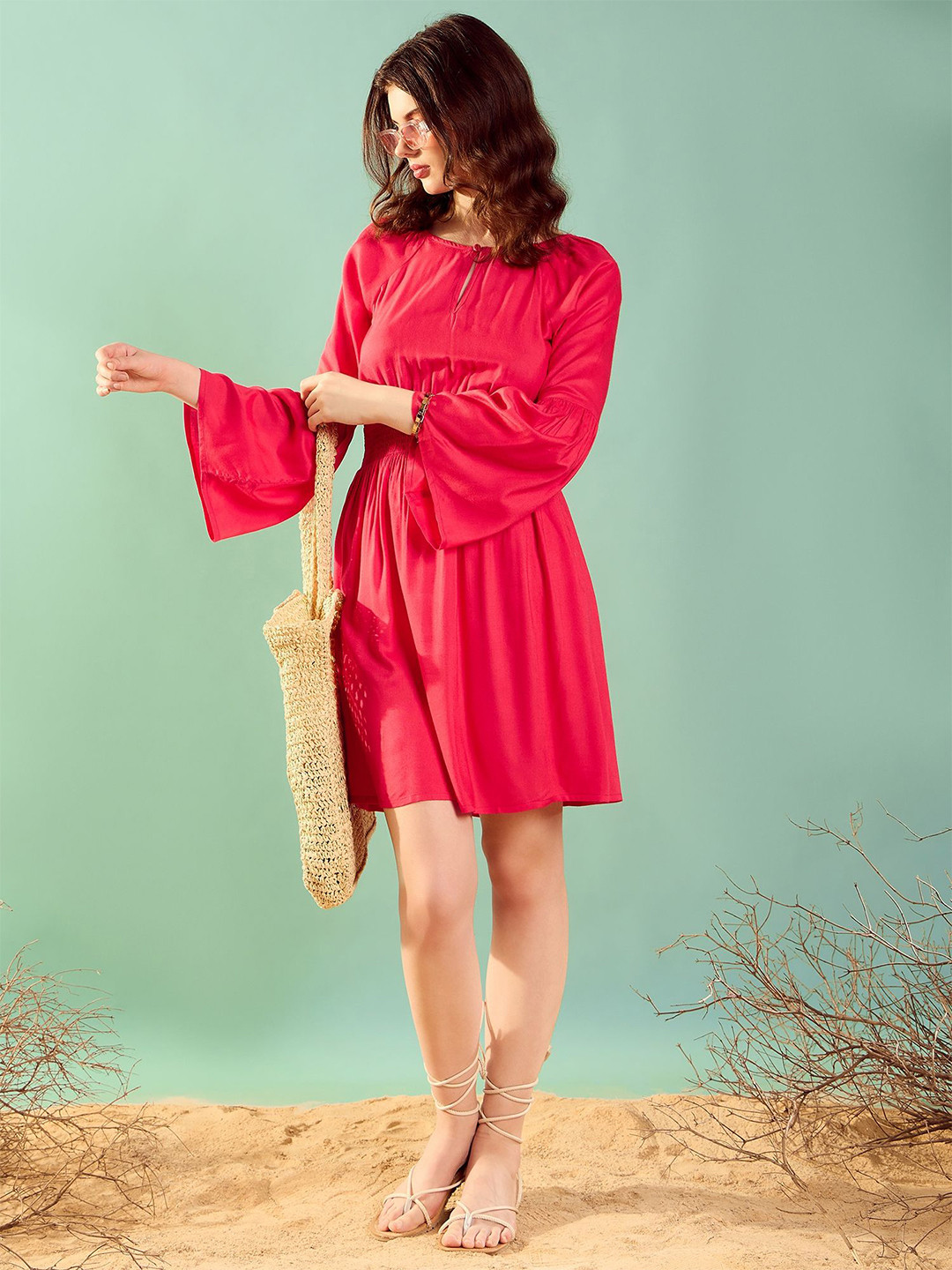 KASSUALLY Key Hole Neck Bell Sleeves Smocked Cotton Fit & Flare Dress