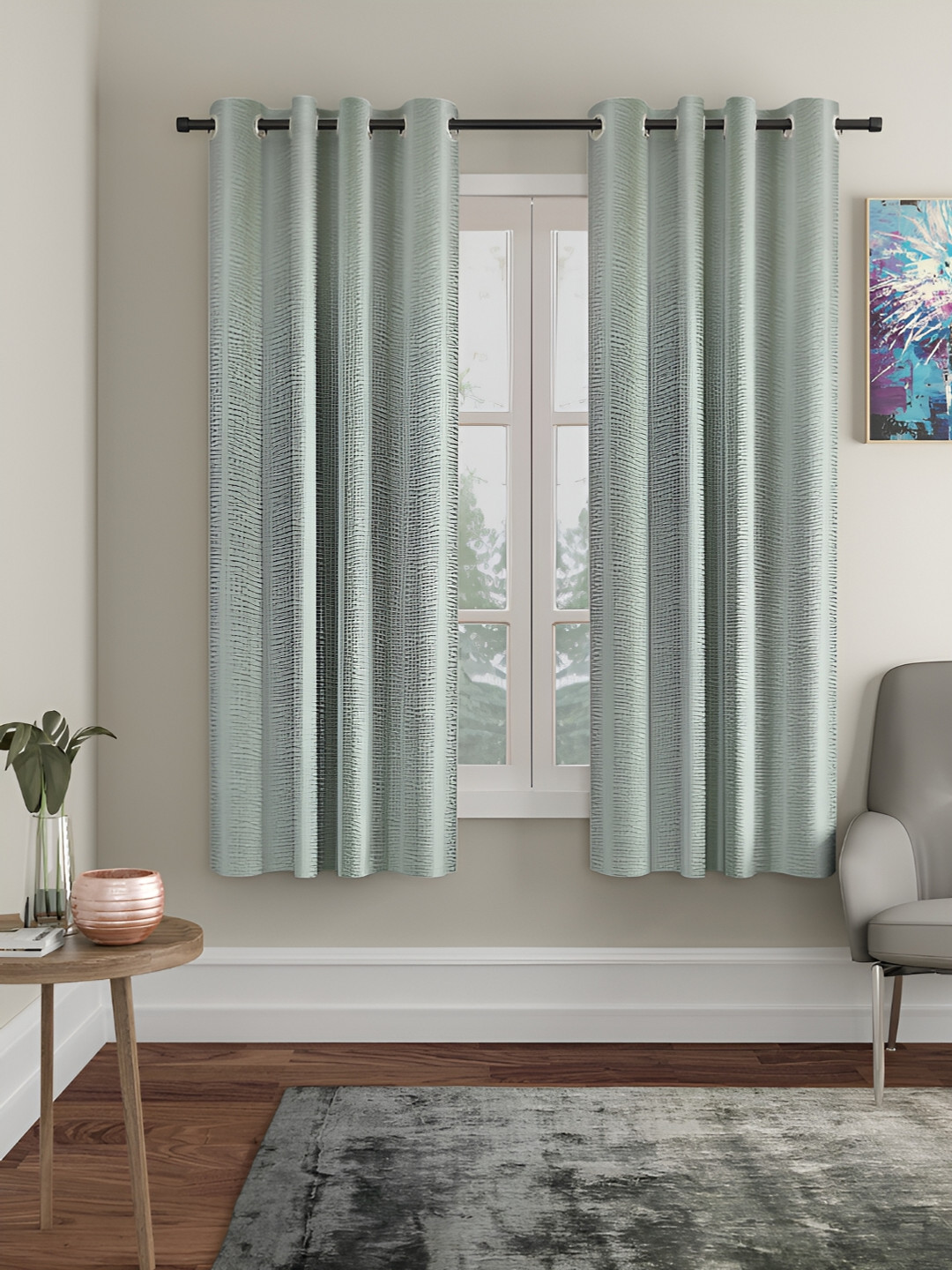 HOSTA HOMES Olive Green 2 Pieces Abstract Self Design Black Out Window Curtains