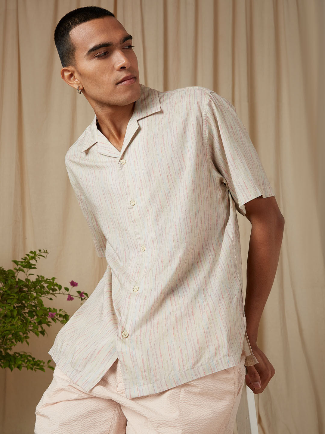 4 TRIPLE O FIVE O BY MUFTI Vertical Stripes Spread Collar Short Sleeves Oversized Cotton Casual Shirt