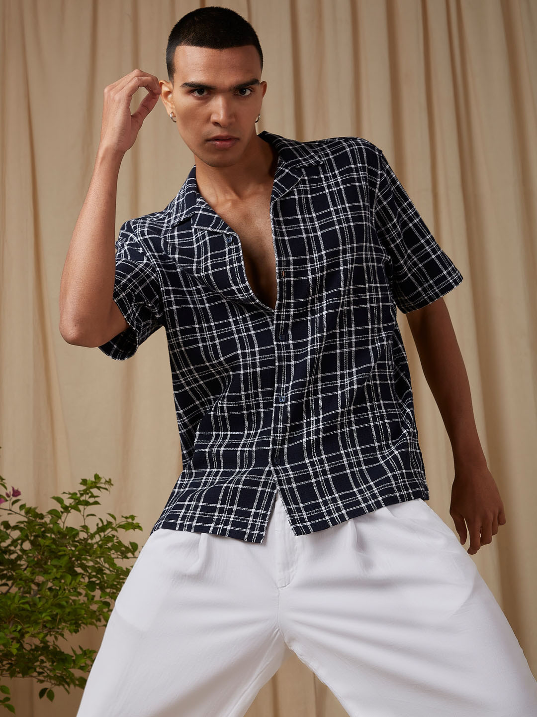 4 TRIPLE O FIVE O BY MUFTI Tartan Checks Spread Collar Short Sleeves Oversized Cotton Casual Shirt