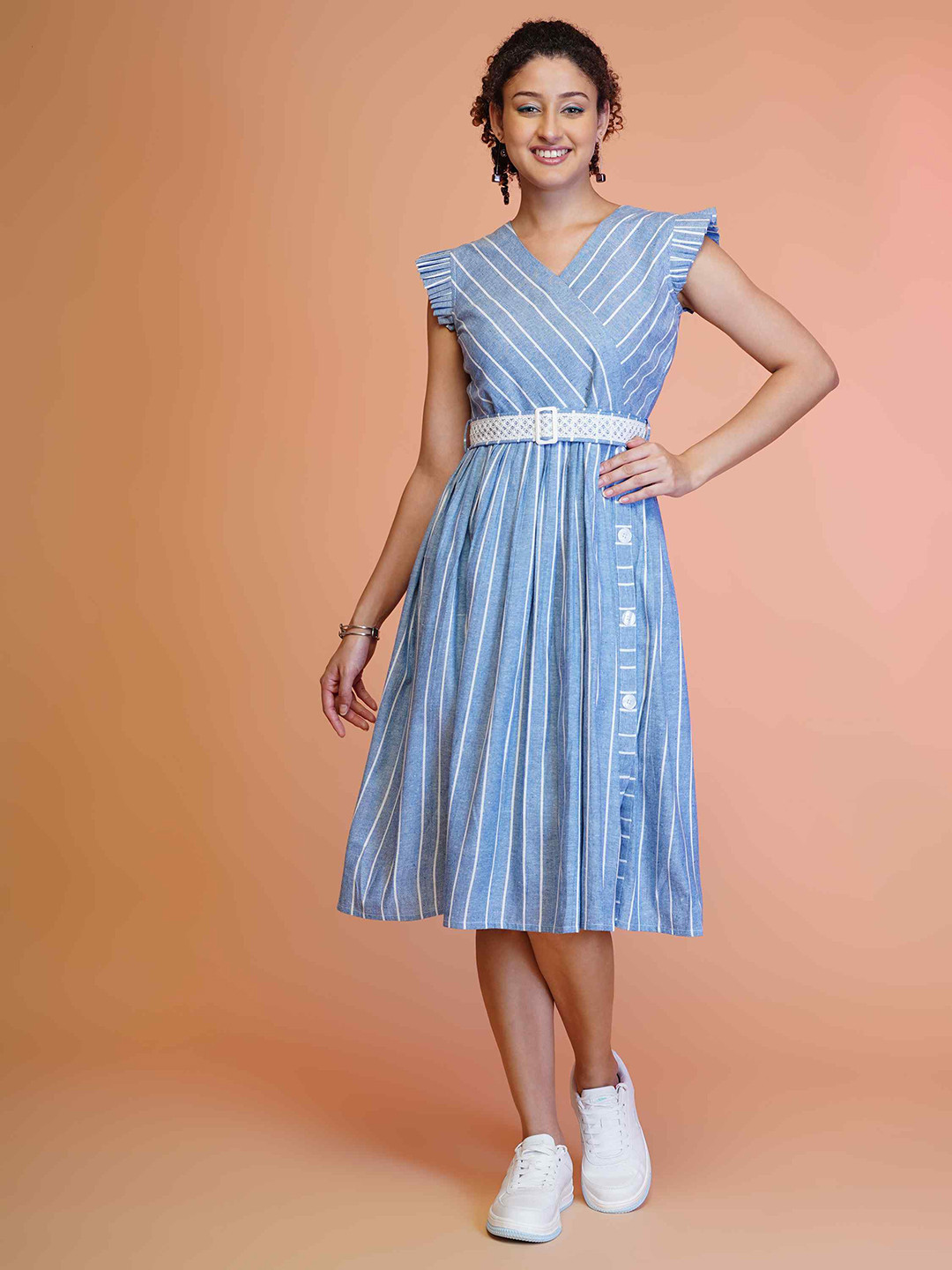 TextileNow Striped Cotton Flutter Sleeves Fit & Flare Midi Dress With Embroidered Belt