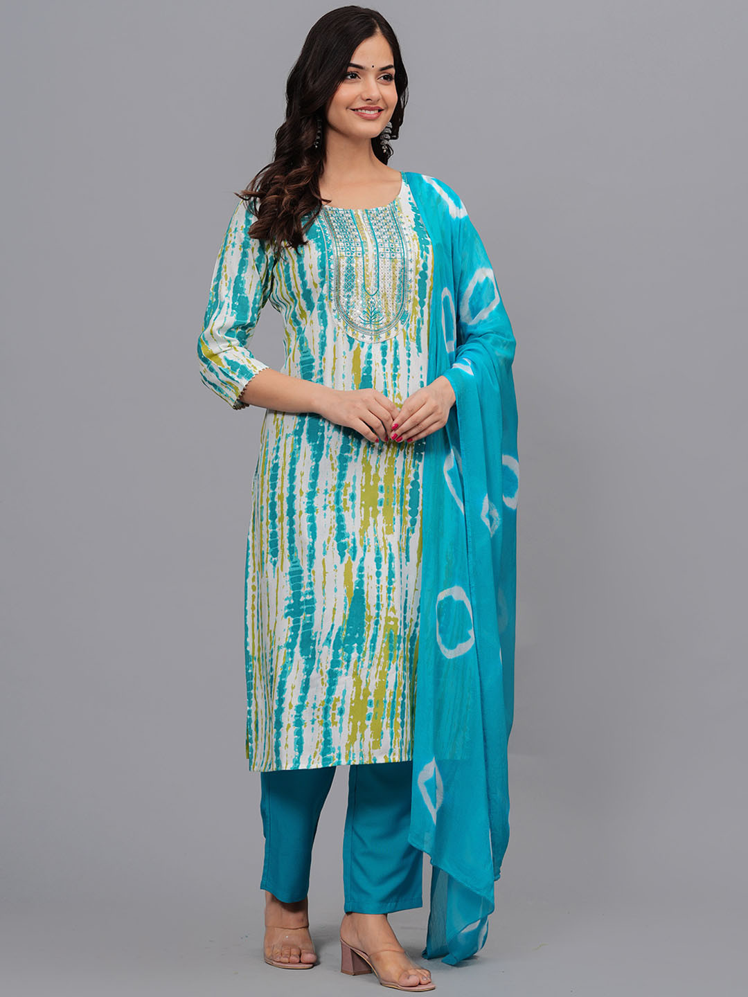 ANJAYA Ethnic Motifs Dyed Regular Sequinned Kurta With Trousers & Dupatta