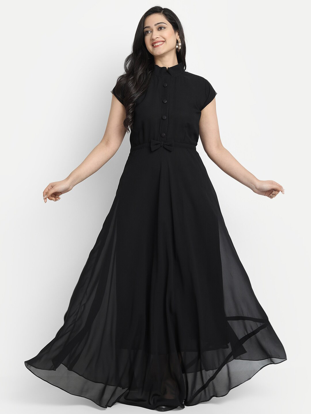 Femvy Mandarin Collar Georgette Fit & Flare Maxi Dress