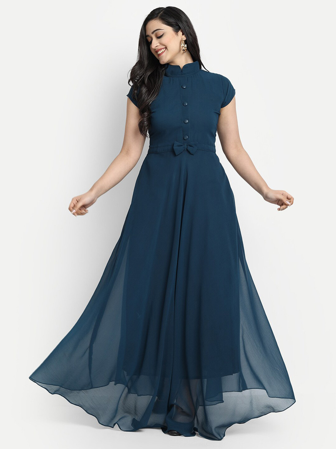 Femvy Mandarin Collar Bow Georgette Maxi Dress