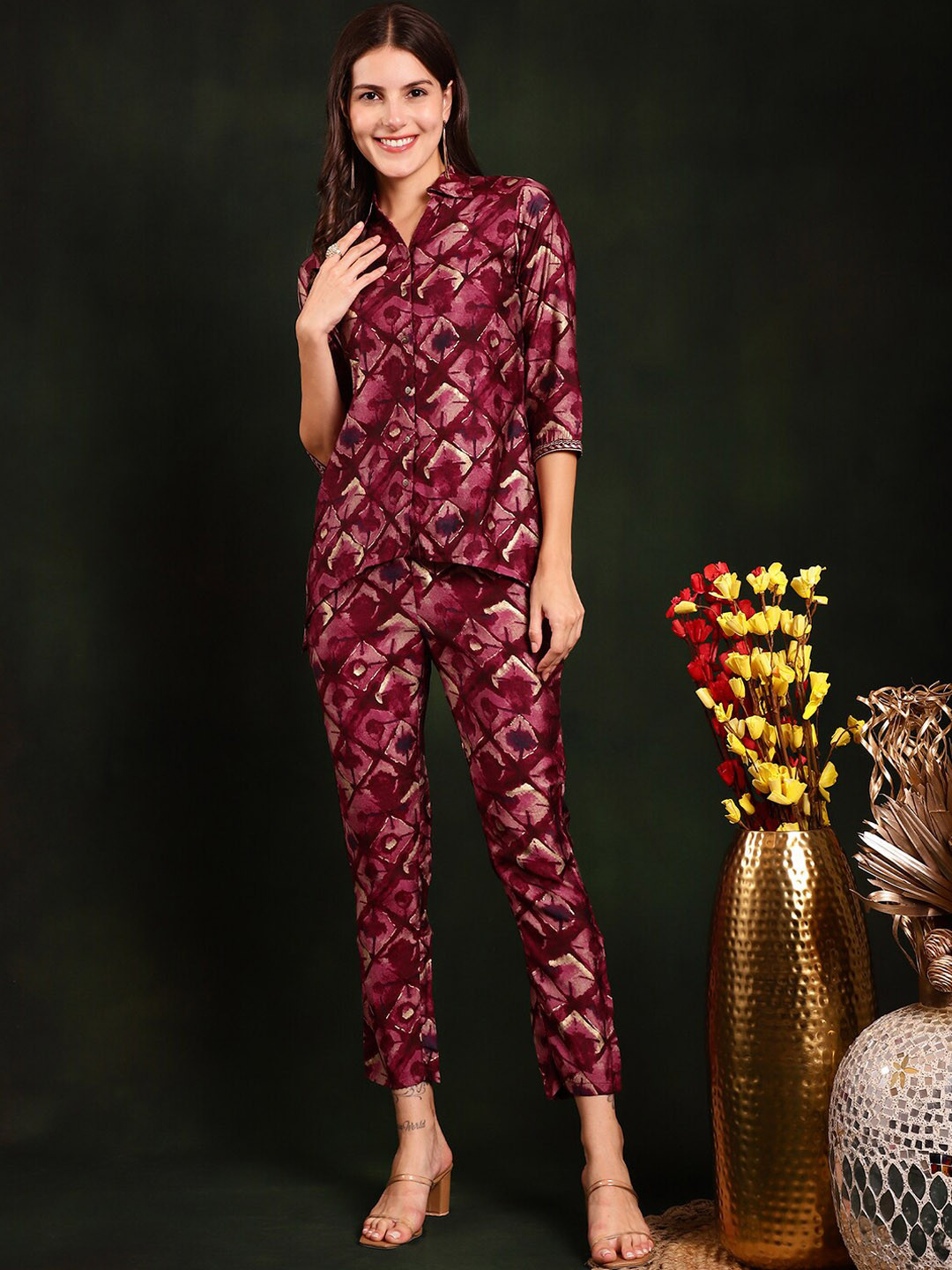 Claura Purple Printed Shirt Collar Shirt & Trousers