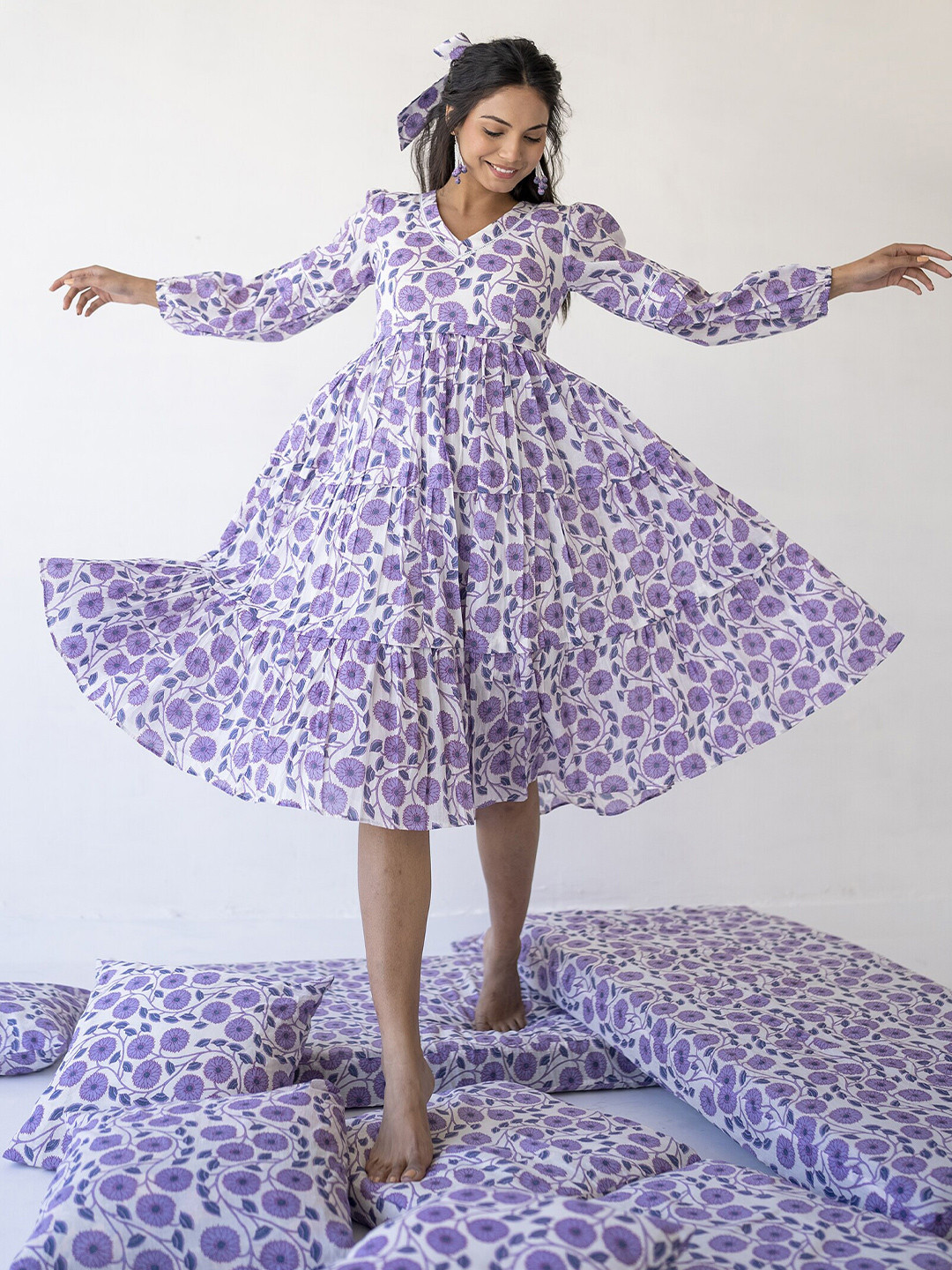 PINK CACTII V Neck Long Puff Sleeve Floral Print Fit & Flare Midi Dress