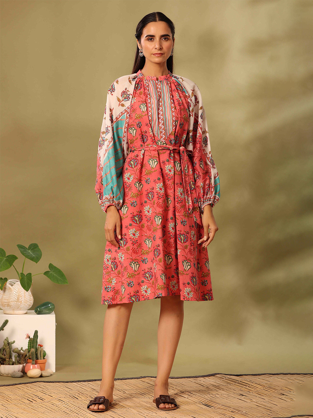 PINK CACTII Mandarin Collar Long Puff Sleeves Cotton Floral Print A-Line Dress