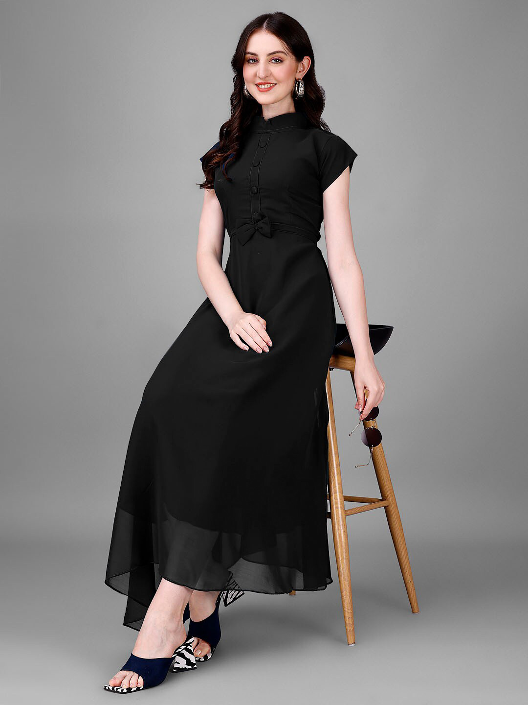 Femvy Mandarin Collar Georgette Fit & Flare Maxi Dress
