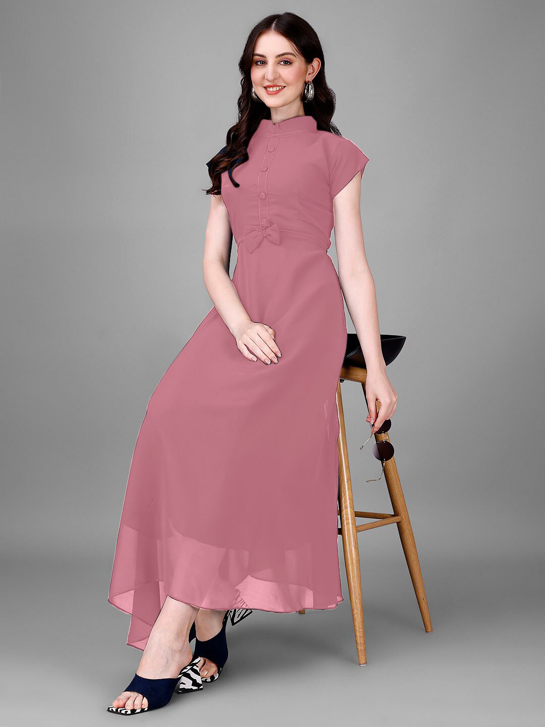 Femvy Mandarin Collar Bow Georgette Maxi Dress